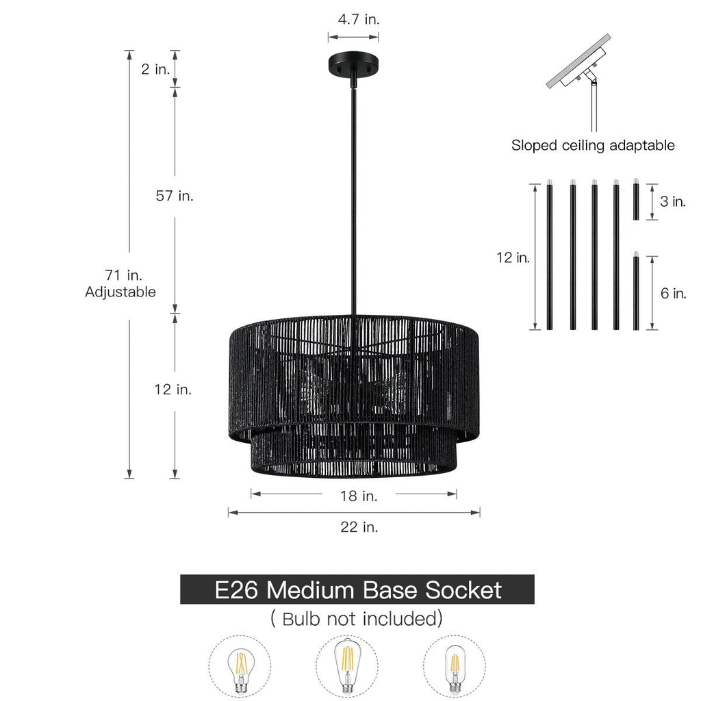 Lampadario Cynthia a tamburo in rattan nero a 4 luci - 22''W