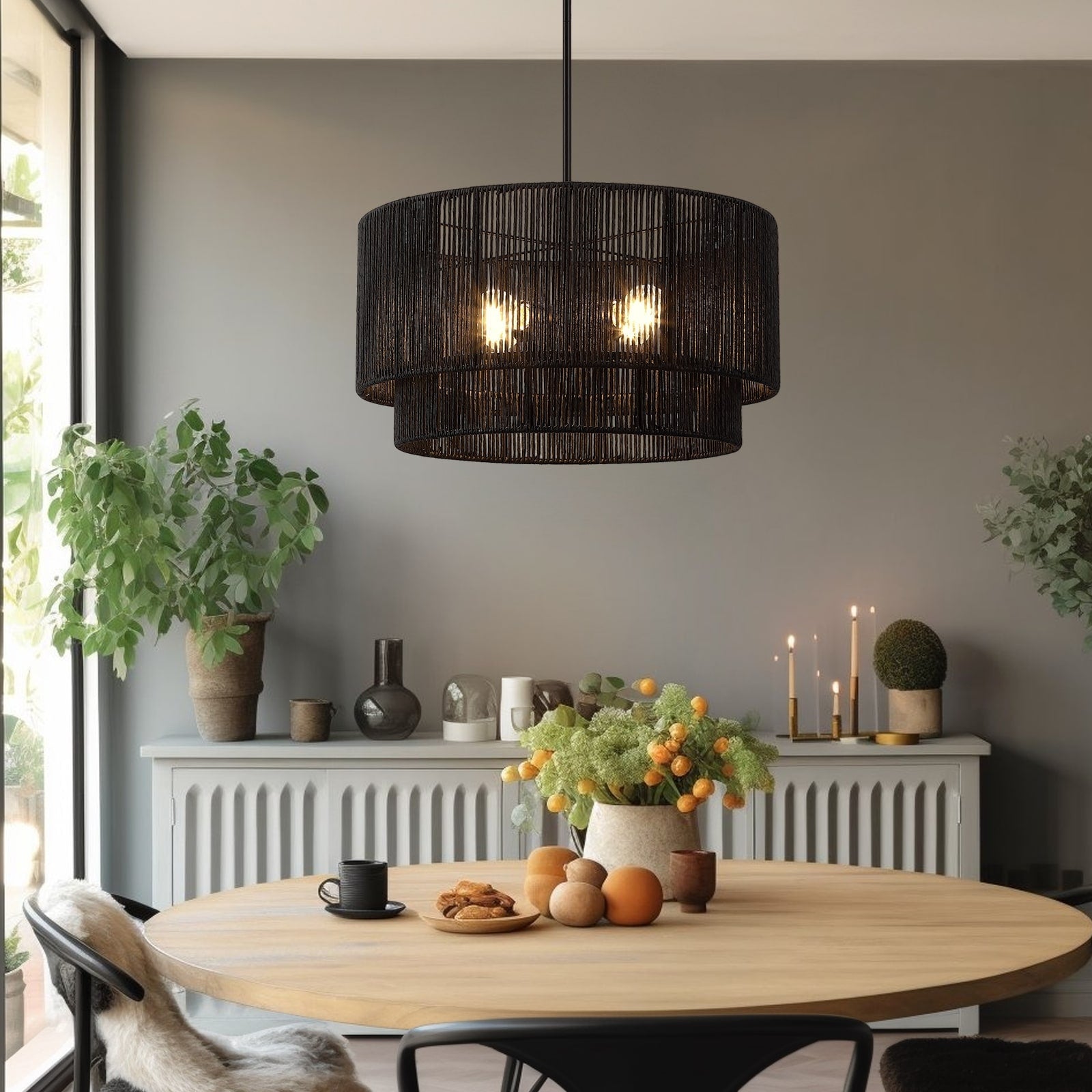 Lampadario Cynthia a tamburo in rattan nero a 4 luci - 22''W