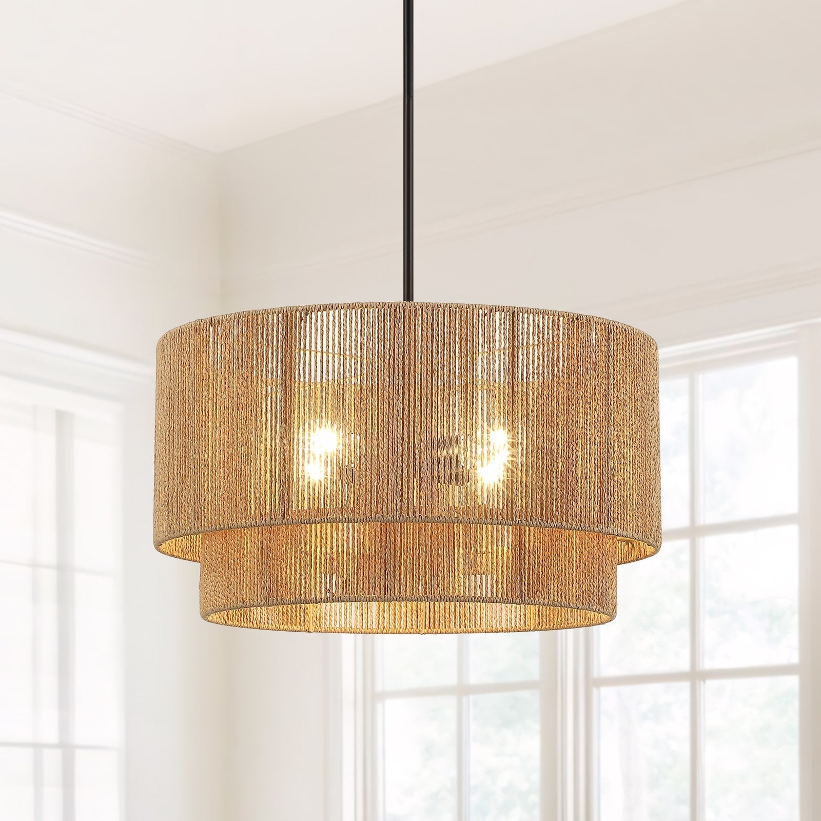 Lampadario Cynthia a tamburo in rattan naturale a 4 luci - 22''W
