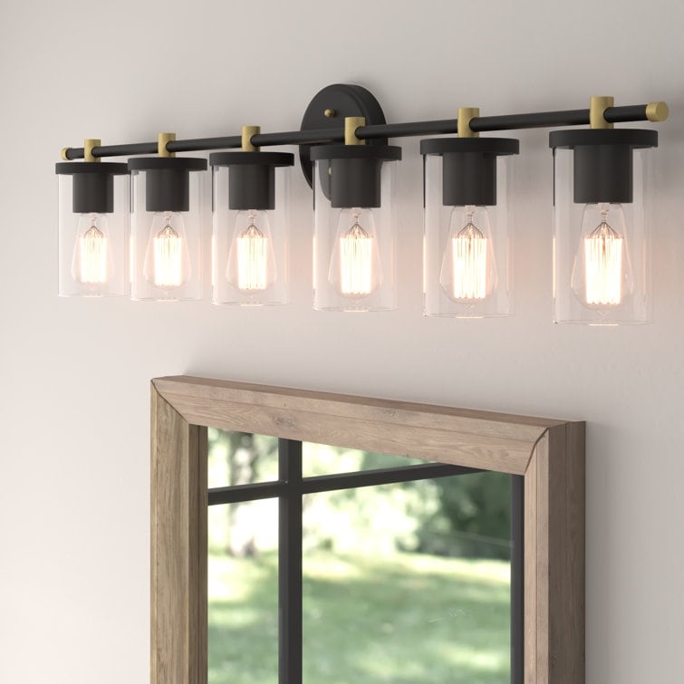 Lampada da bagno moderna Decatur a 6 luci, stile fattoria, nera/oro, con certificazione UL
