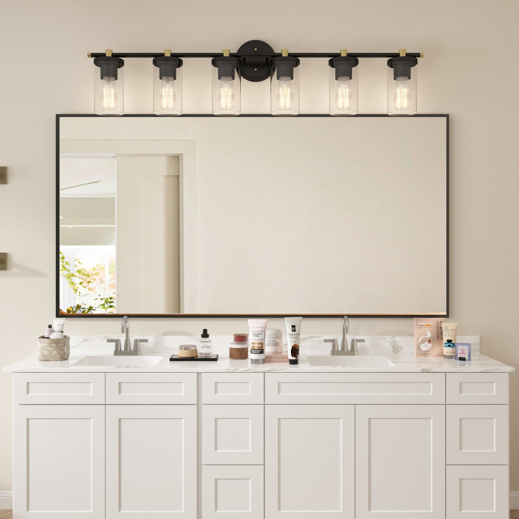 Lampada da bagno moderna Decatur a 6 luci, stile fattoria, nera/oro, con certificazione UL