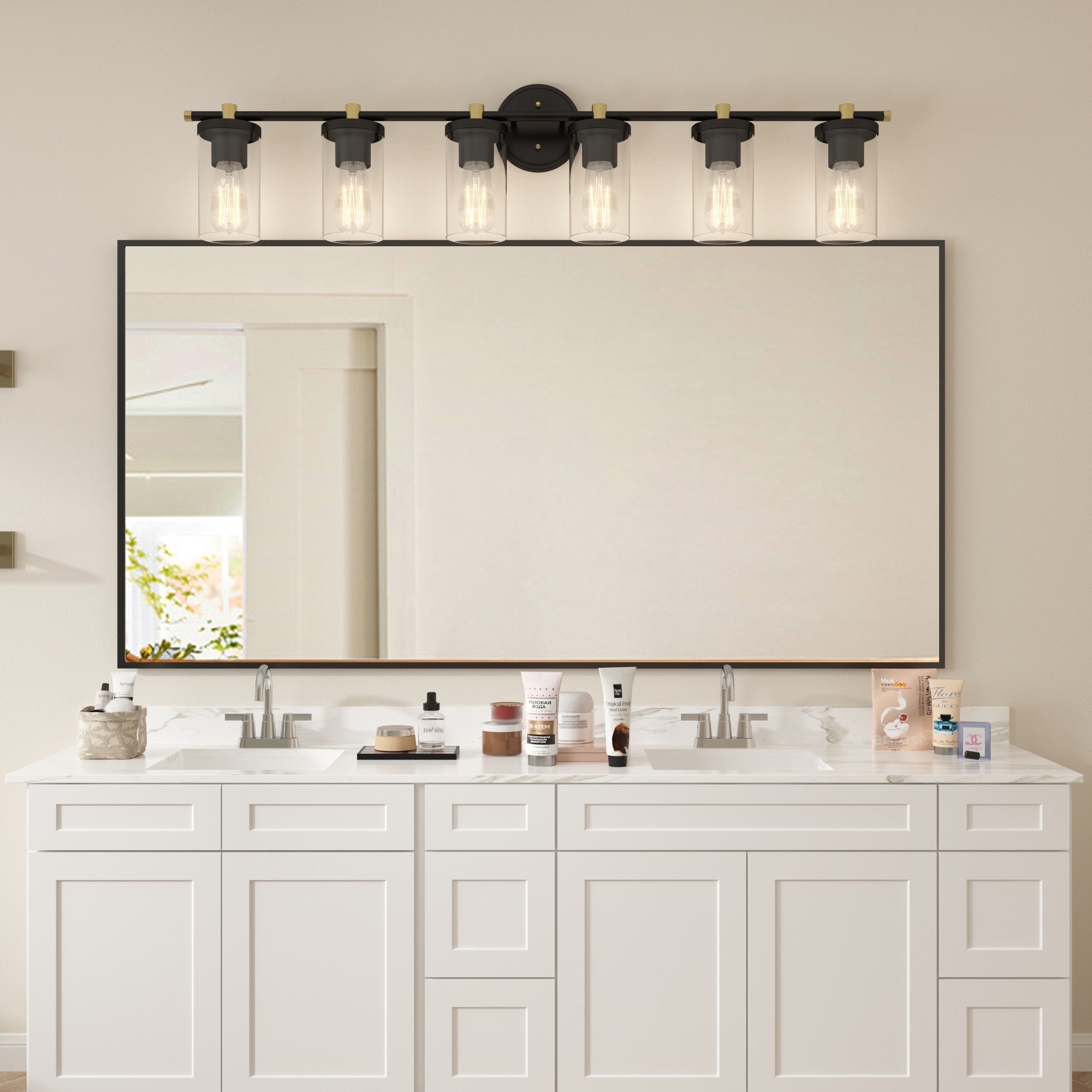 Lampada da bagno moderna Decatur a 6 luci, stile fattoria, nera/oro, con certificazione UL