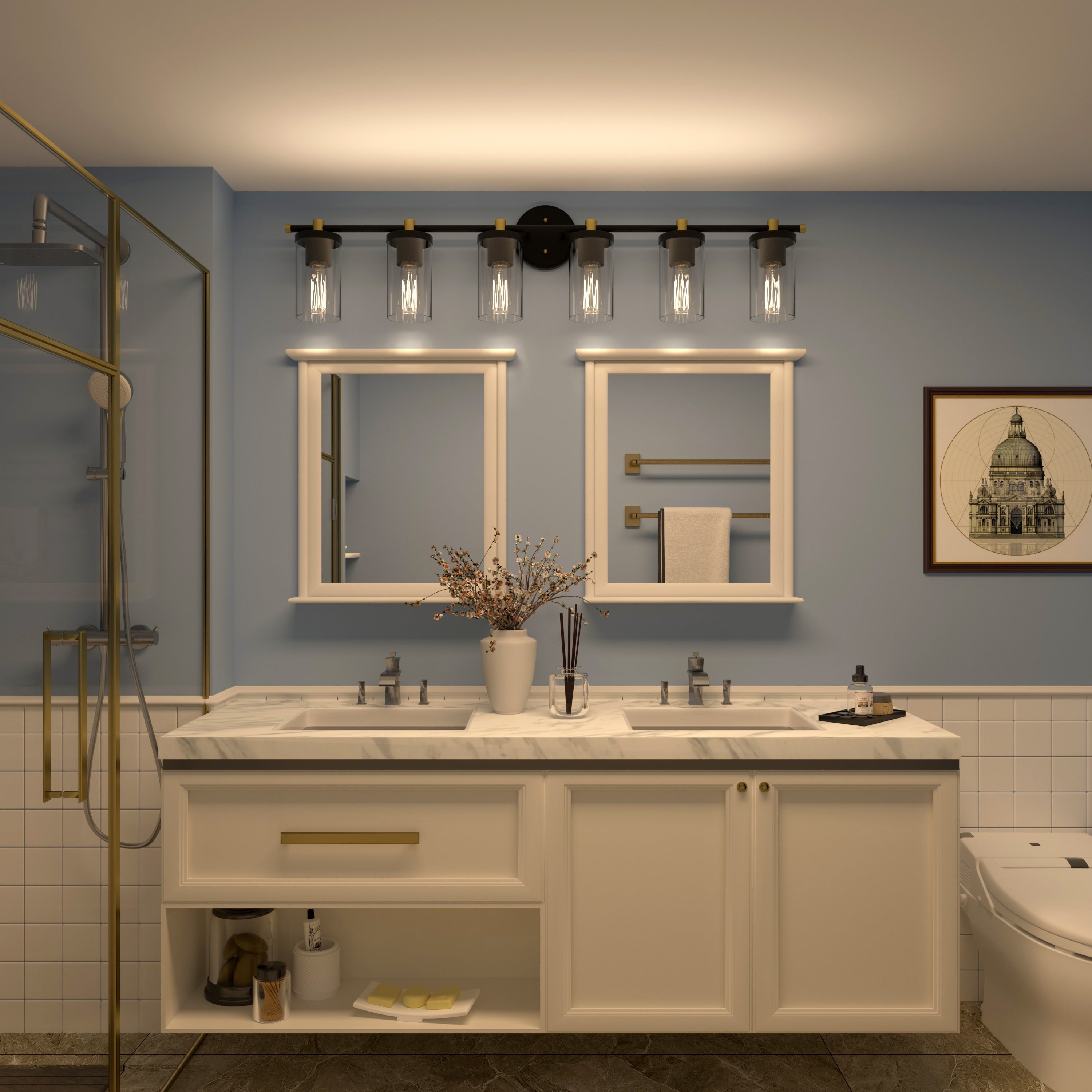 Lampada da bagno moderna Decatur a 6 luci, stile fattoria, nera/oro, con certificazione UL