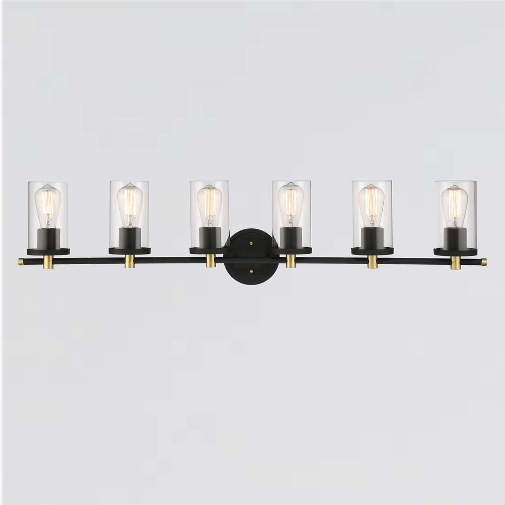 Lampada da bagno moderna Decatur a 6 luci, stile fattoria, nera/oro, con certificazione UL