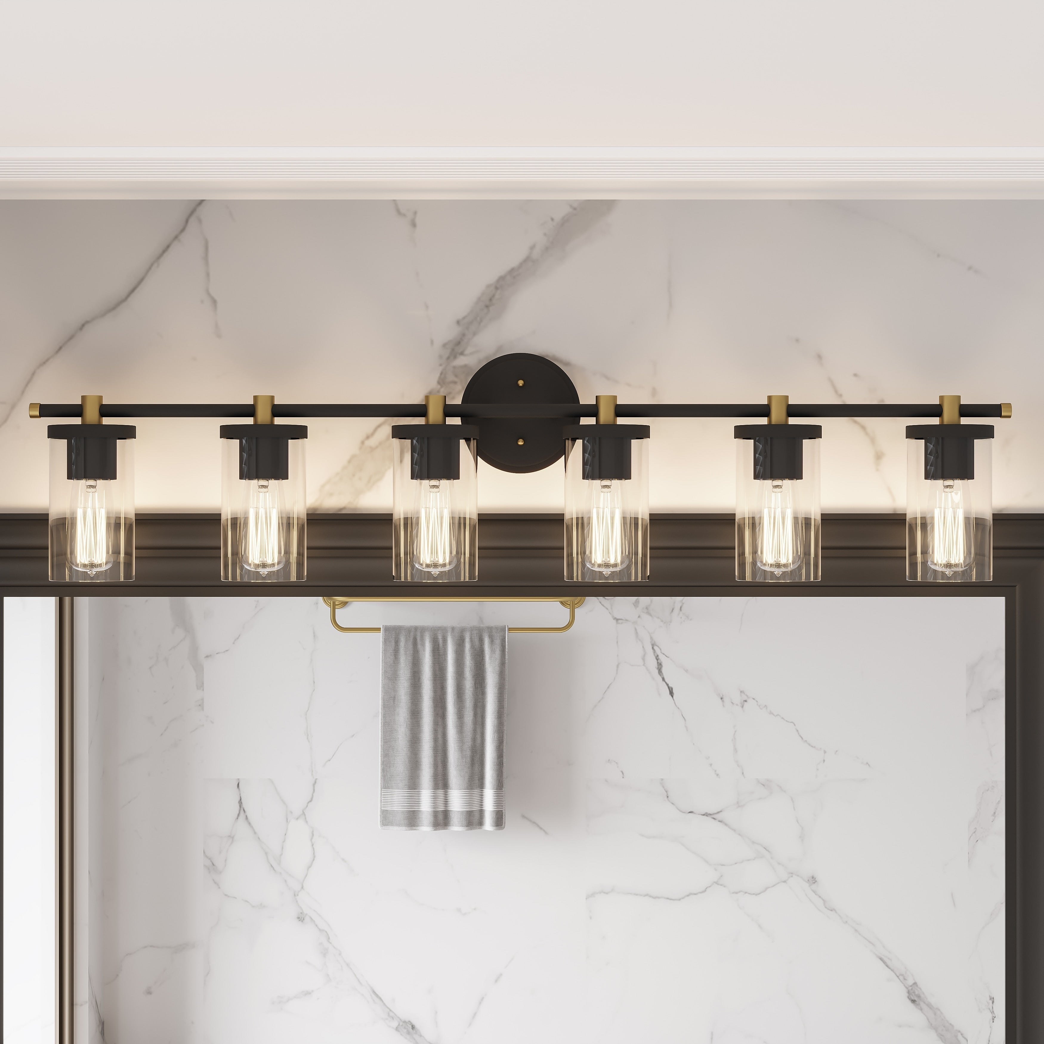 Lampada da bagno moderna Decatur a 6 luci, stile fattoria, nera/oro, con certificazione UL