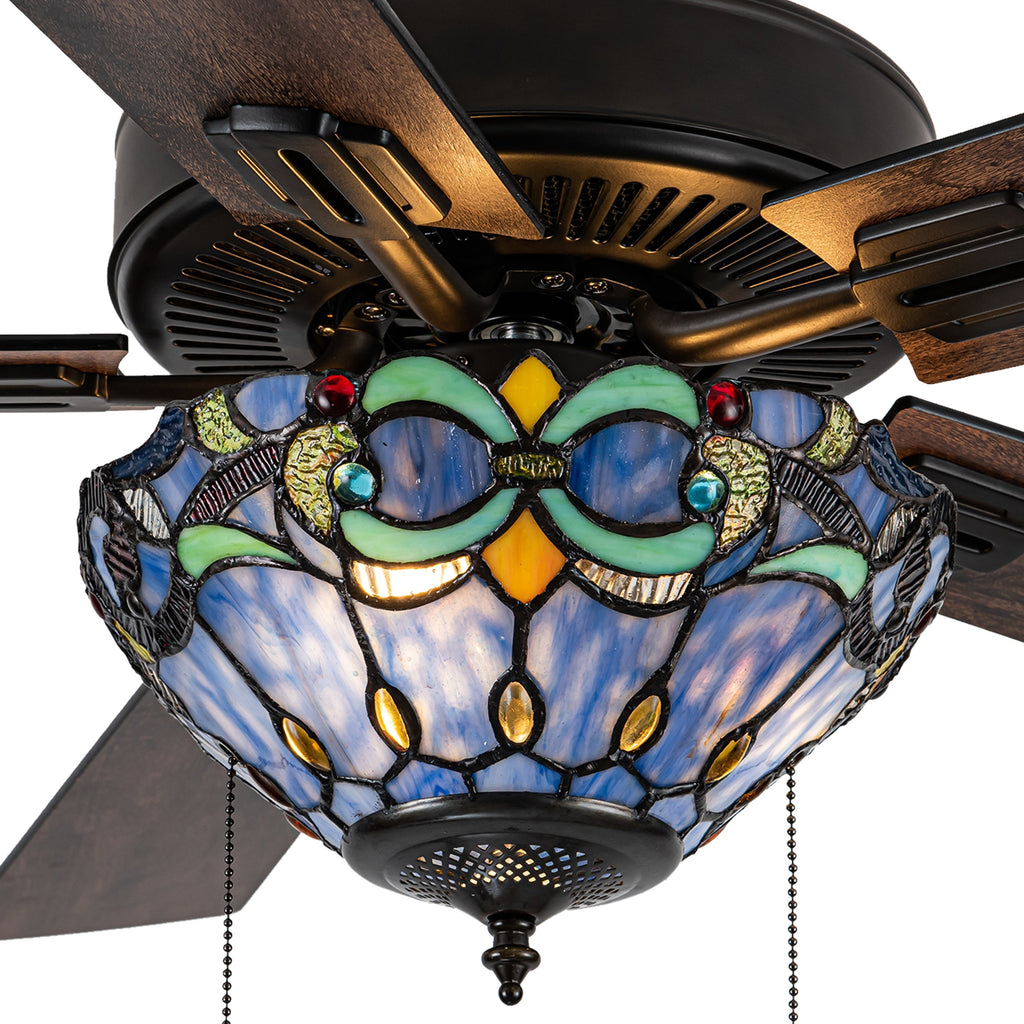 Ventilatore da soffitto con telecomando a 3 luci e vetrate colorate Della River of Goods, da 52 pollici