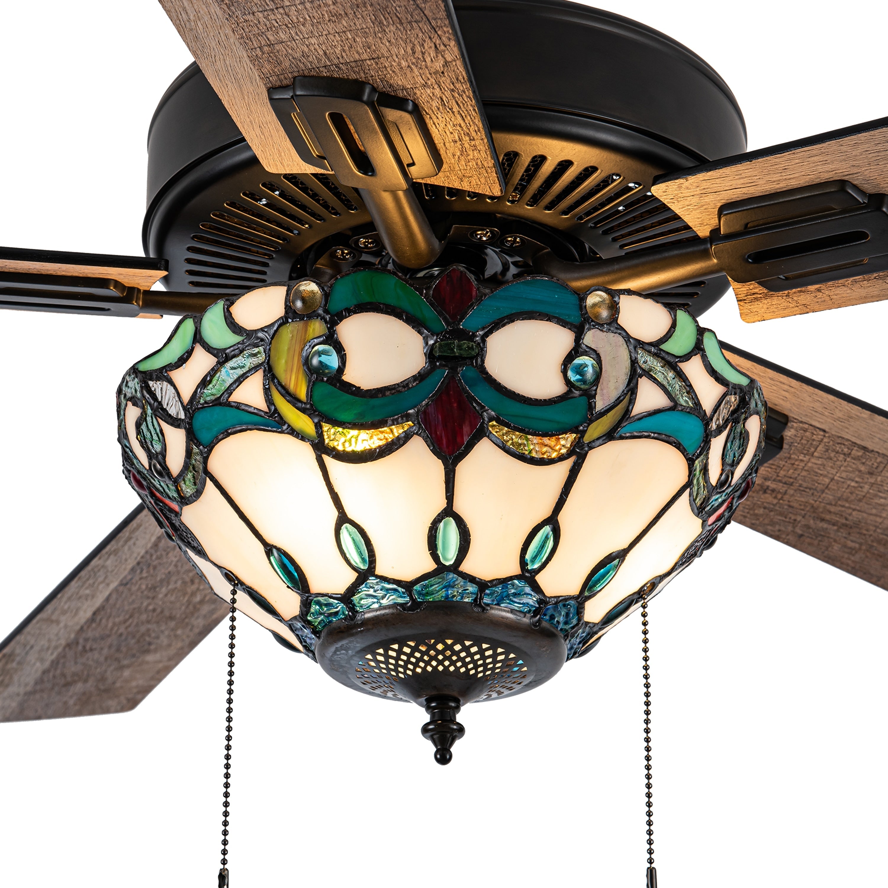 Ventilatore da soffitto con telecomando a 3 luci e vetrate colorate Della River of Goods, da 52 pollici