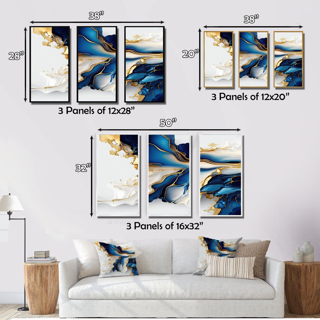 Designart Abstract Geode Gold And Blue Marble Shape III Modern Geometric Framed Canvas Art Print - 3 Pannelli