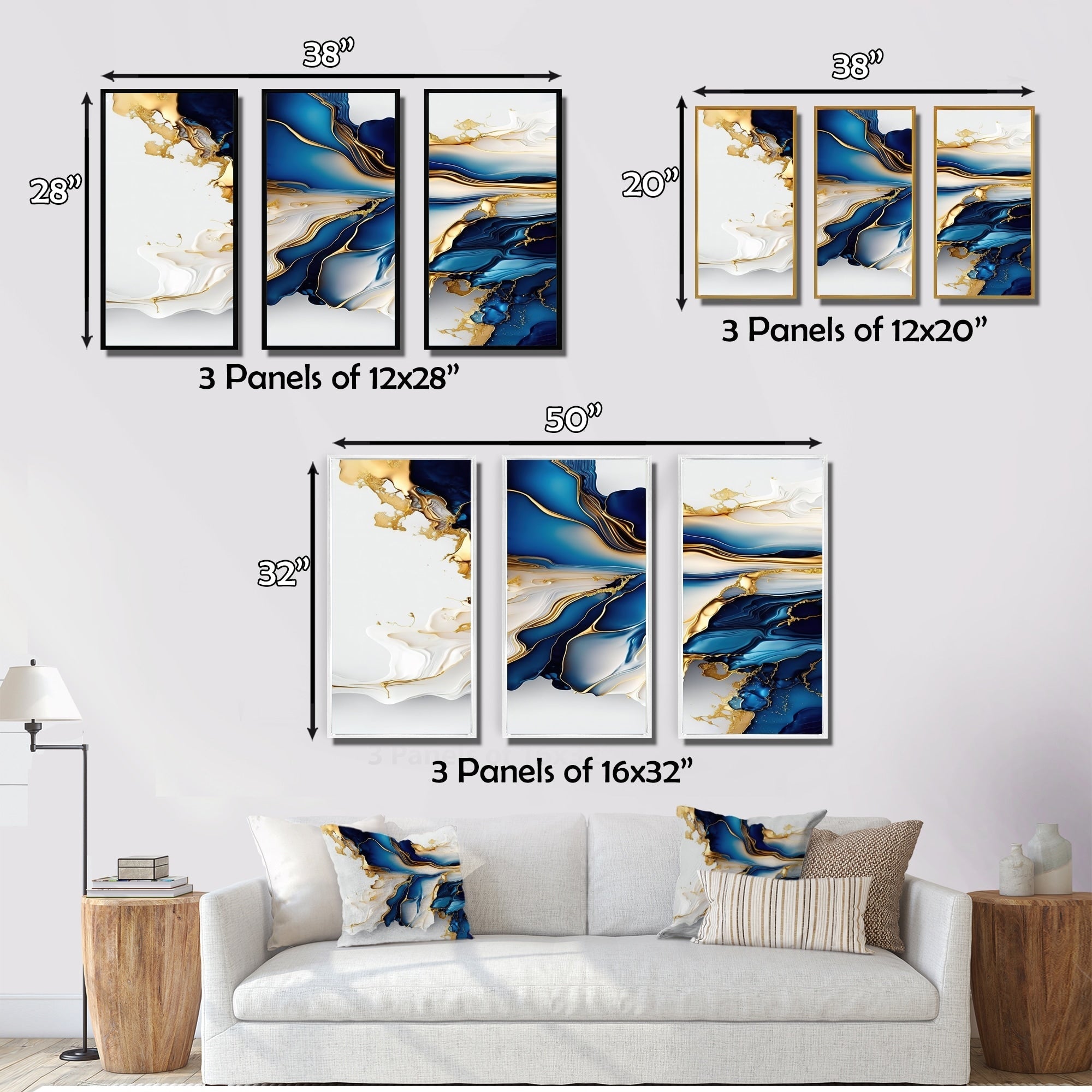 Designart Abstract Geode Gold And Blue Marble Shape III Modern Geometric Framed Canvas Art Print - 3 Pannelli
