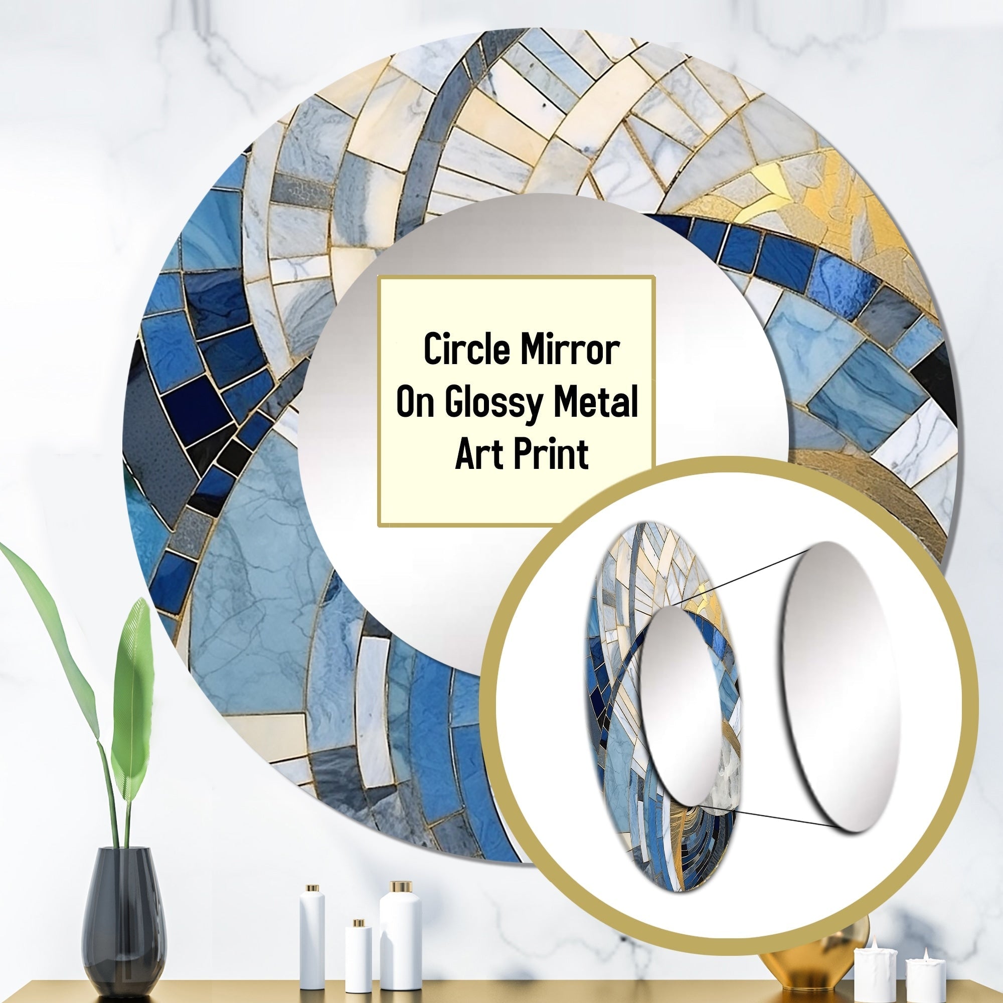 Designart Gold Constructing Blue Realms I Specchio rotondo con forme astratte - Specchio moderno per soggiorno blu