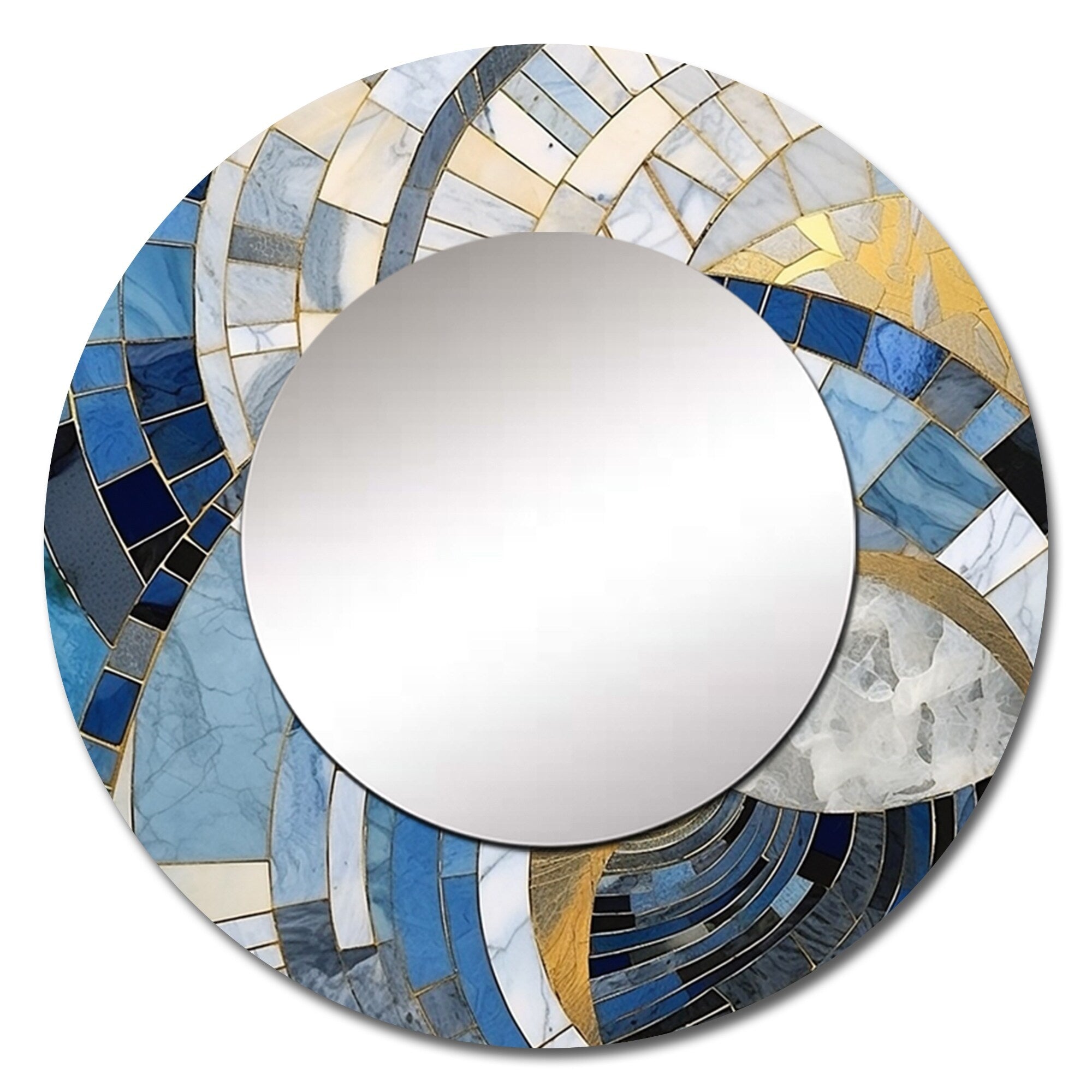 Designart Gold Constructing Blue Realms I Specchio rotondo con forme astratte - Specchio moderno per soggiorno blu