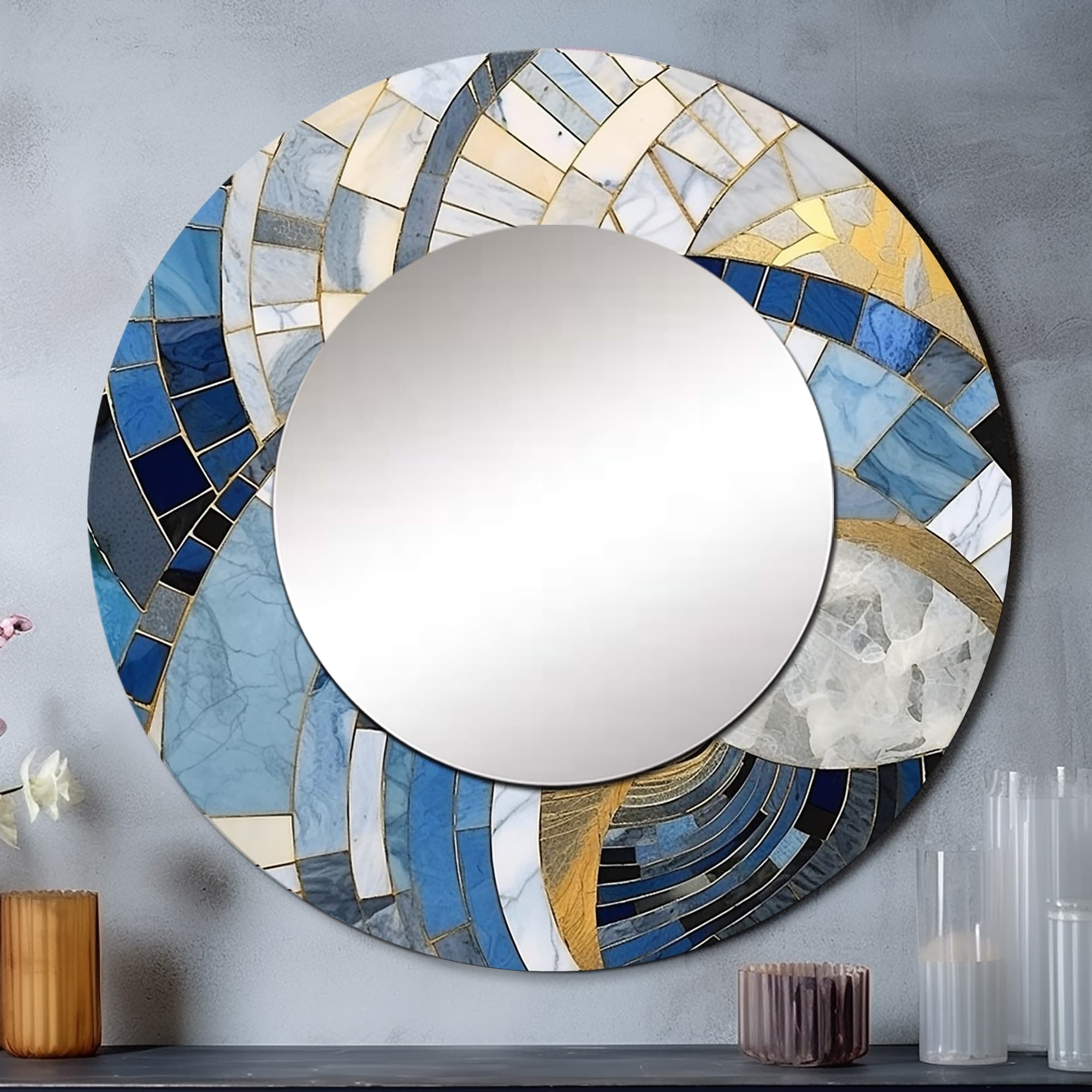 Designart Gold Constructing Blue Realms I Specchio rotondo con forme astratte - Specchio moderno per soggiorno blu