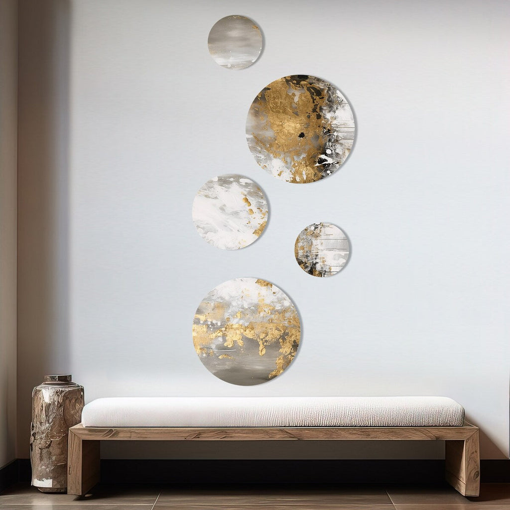 Designart Set di 5 dipinti astratti in metallo, decorazione da parete, oro e bianco