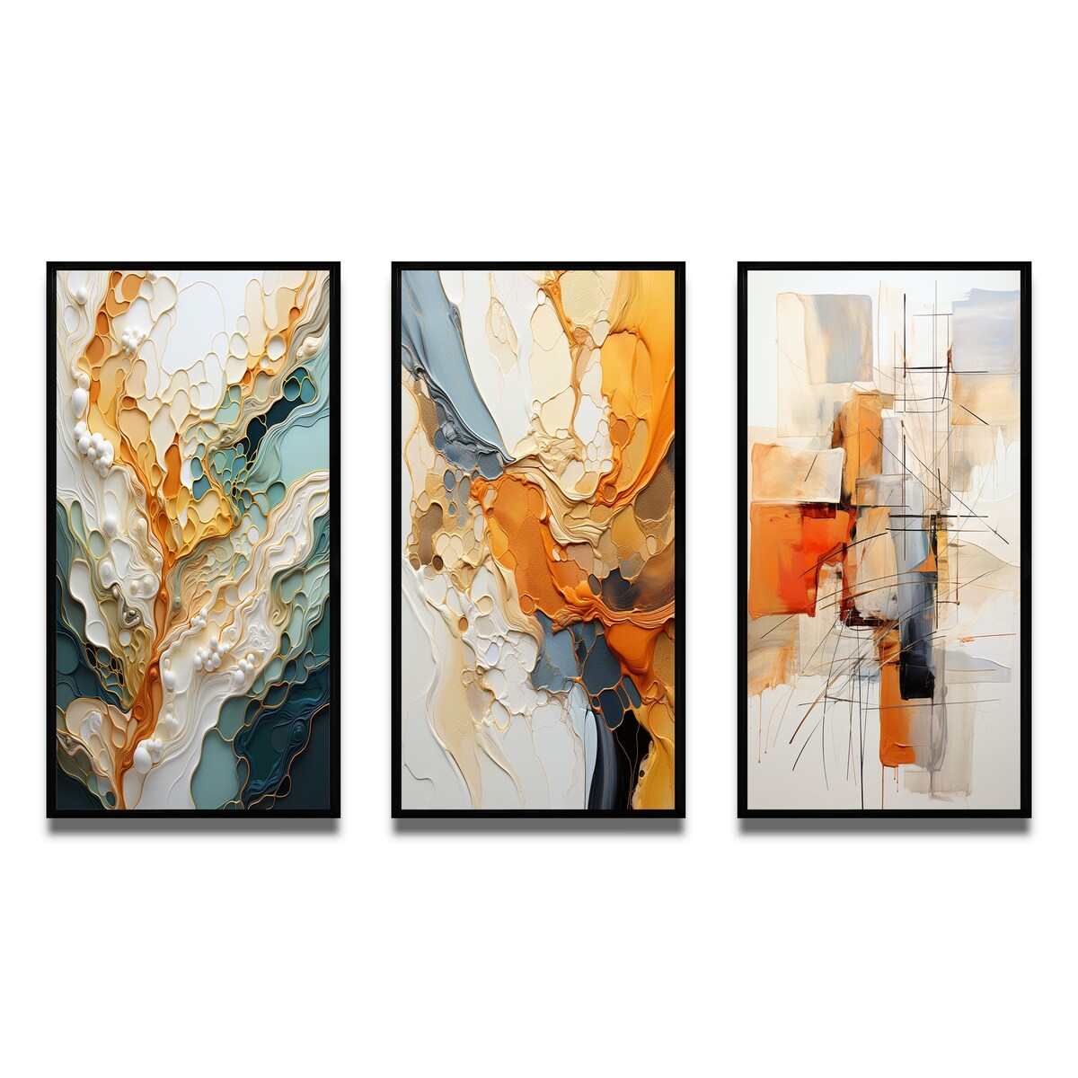 Designart Orange White Line Art Astrazione organica Astratta Set di 3 stampe artistiche da parete con cornice per l'arredamento del soggiorno