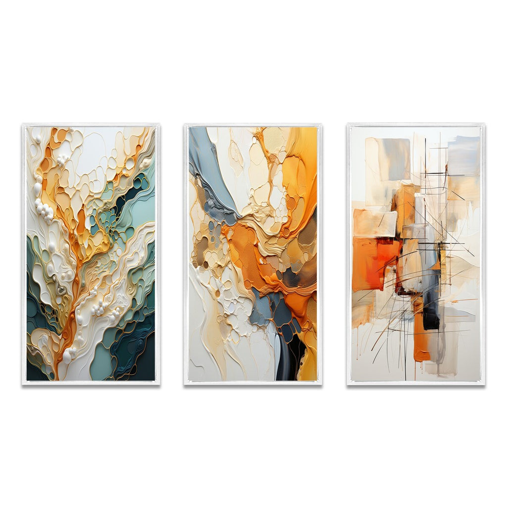 Designart Orange White Line Art Astrazione organica Astratta Set di 3 stampe artistiche da parete con cornice per l'arredamento del soggiorno