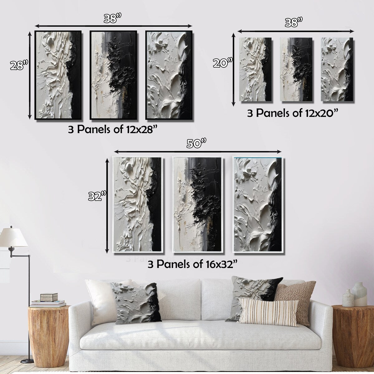 Designart Bianco e Nero Tranquillità Unleashed III Set di 3 quadri con cornice in marmo astratto per l'arredamento dell'ufficio