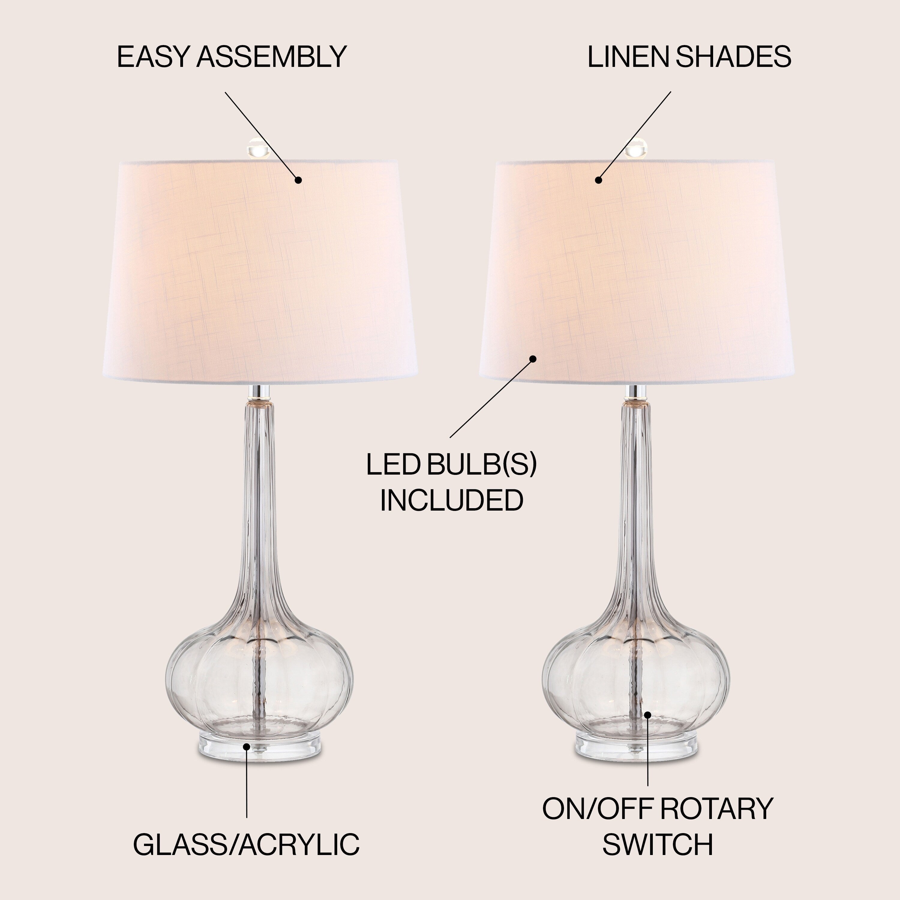 Lampada da tavolo a LED a forma di goccia in vetro Diamante 28.5, rosa (set da 2) di JONATHAN Y