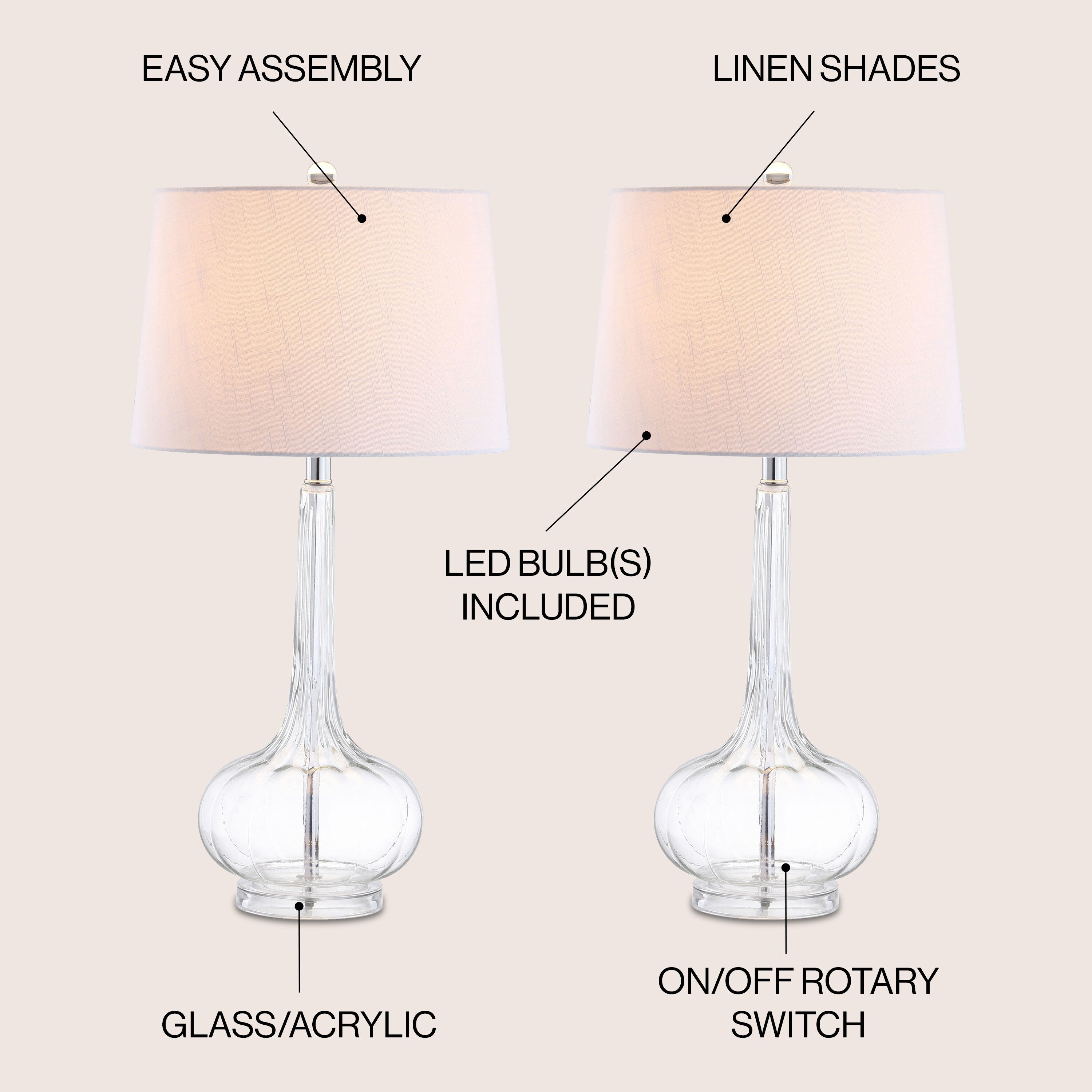 Lampada da tavolo a LED a forma di goccia in vetro Diamante 28.5, rosa (set da 2) di JONATHAN Y