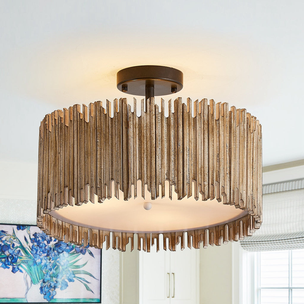 Lampada da soffitto semi-incassata a 3 luci in legno bianco anticato