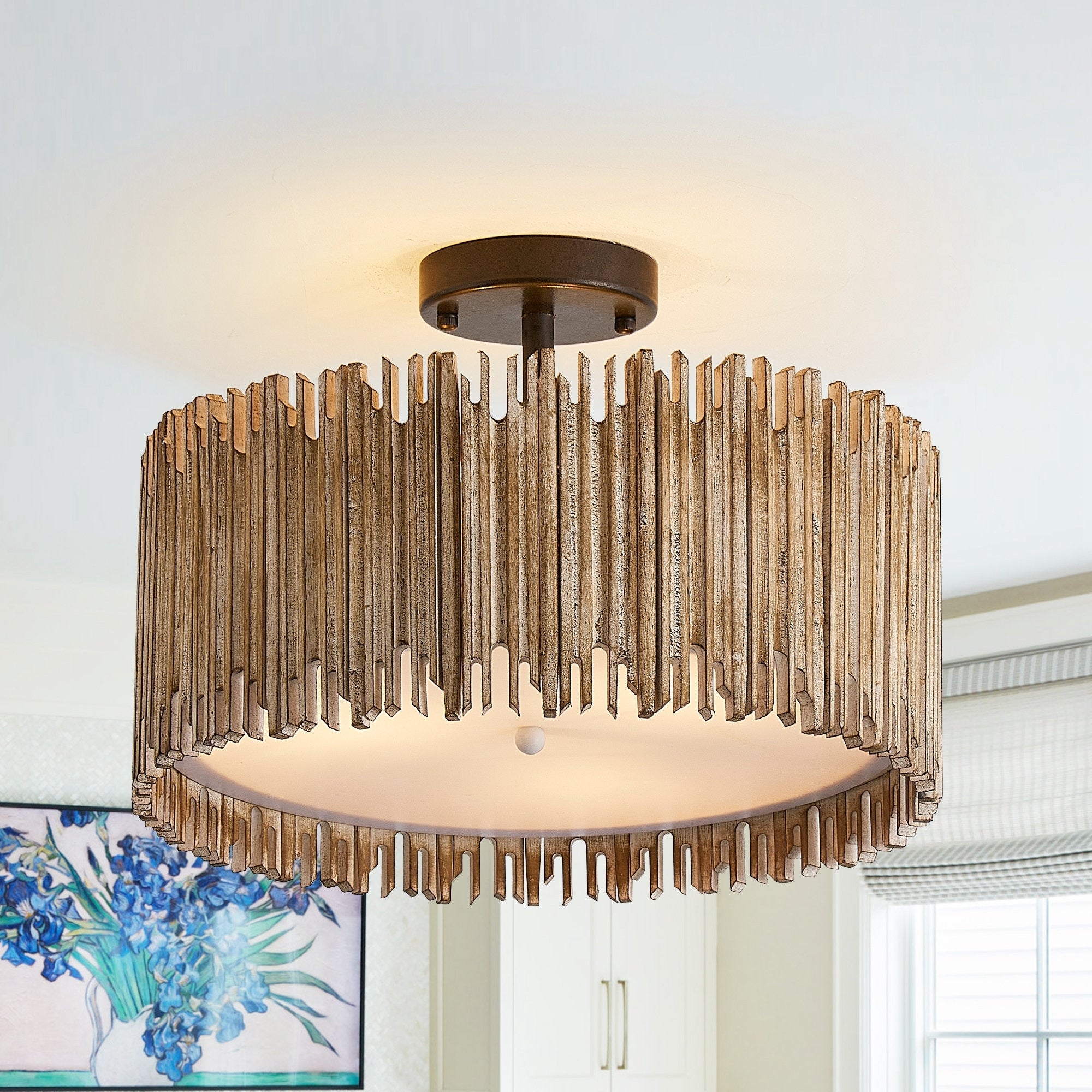 Lampada da soffitto semi-incassata a 3 luci in legno bianco anticato
