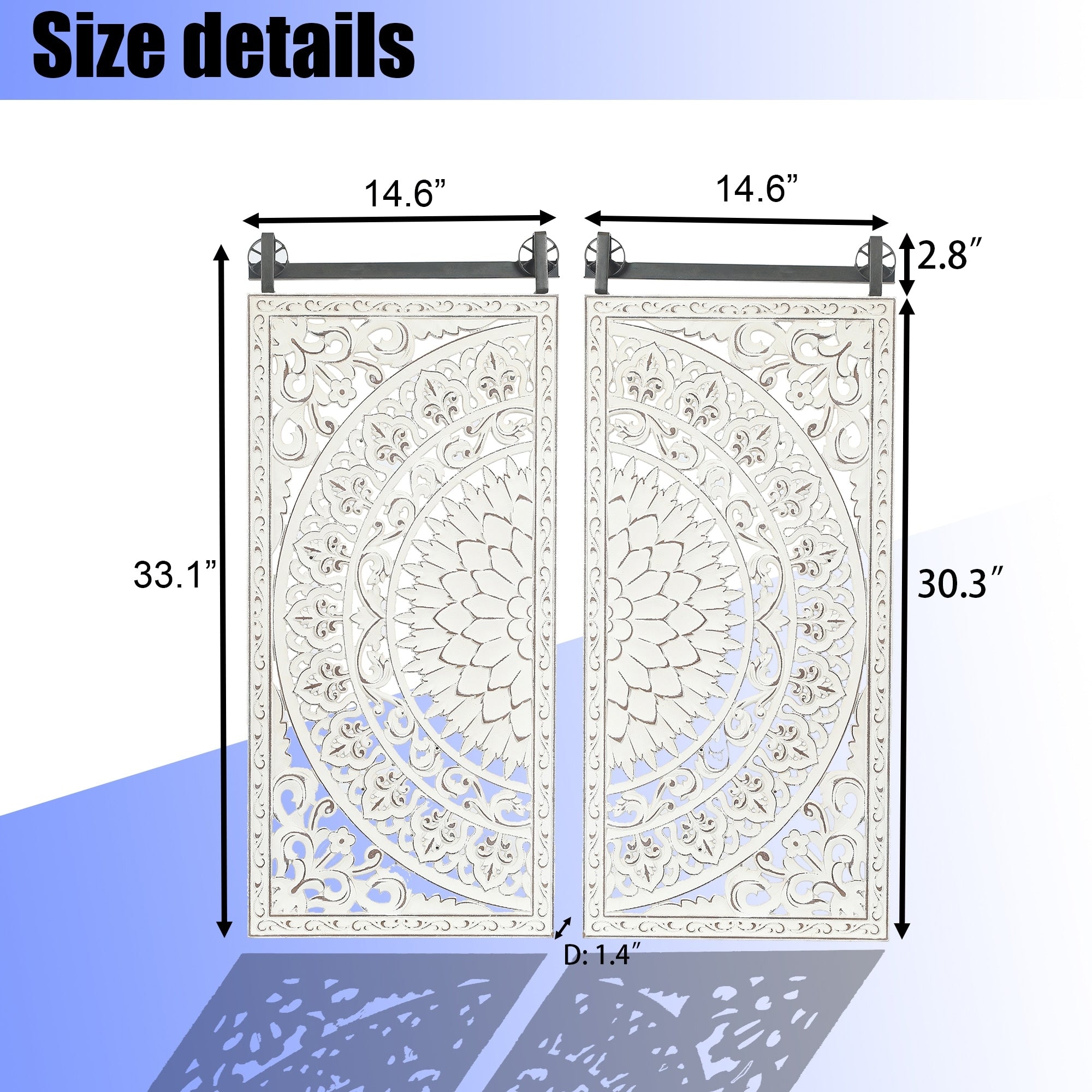 Decorazione murale in legno bianco avorio anticato con fiori e dettagli neri (set da 2)