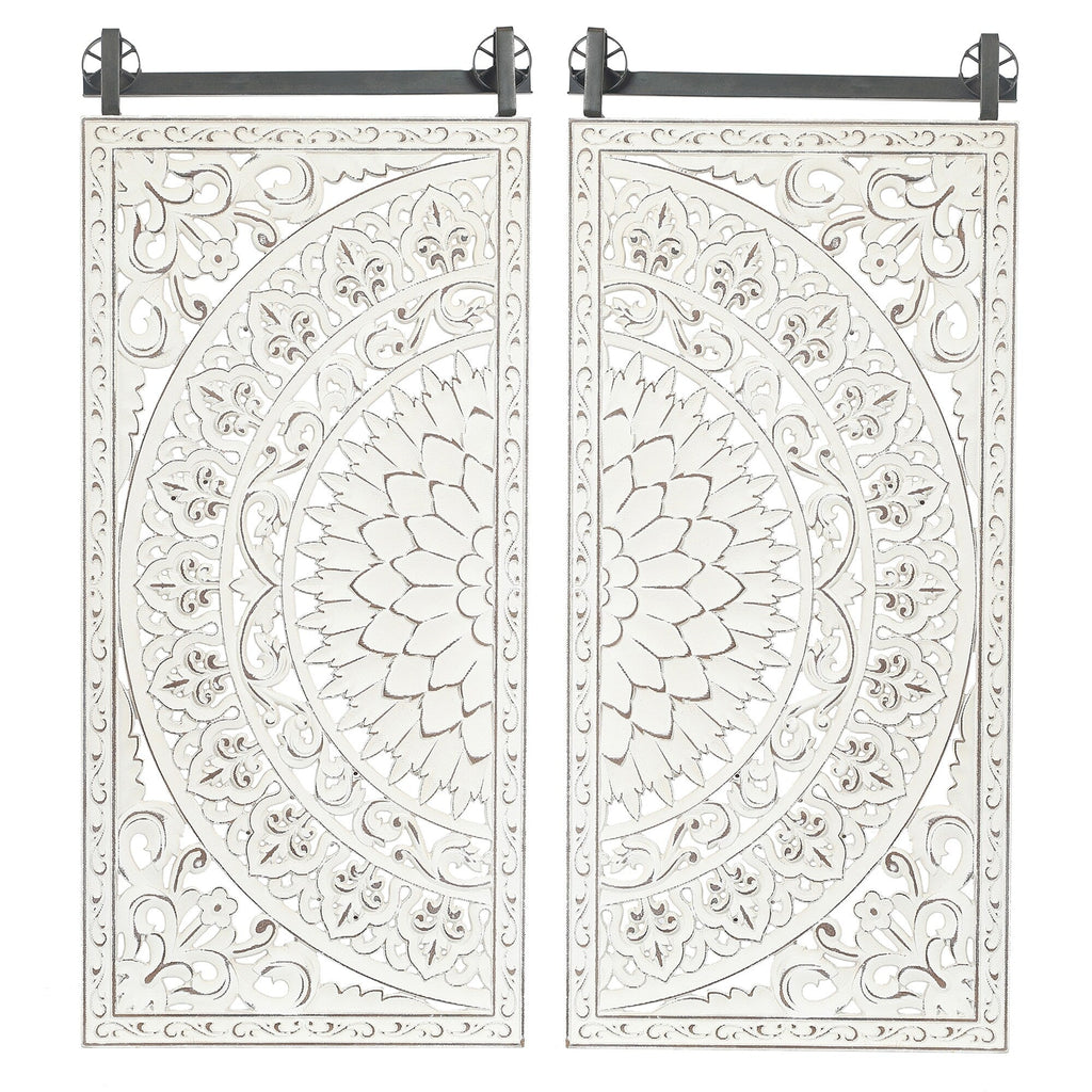 Decorazione murale in legno bianco avorio anticato con fiori e dettagli neri (set da 2)