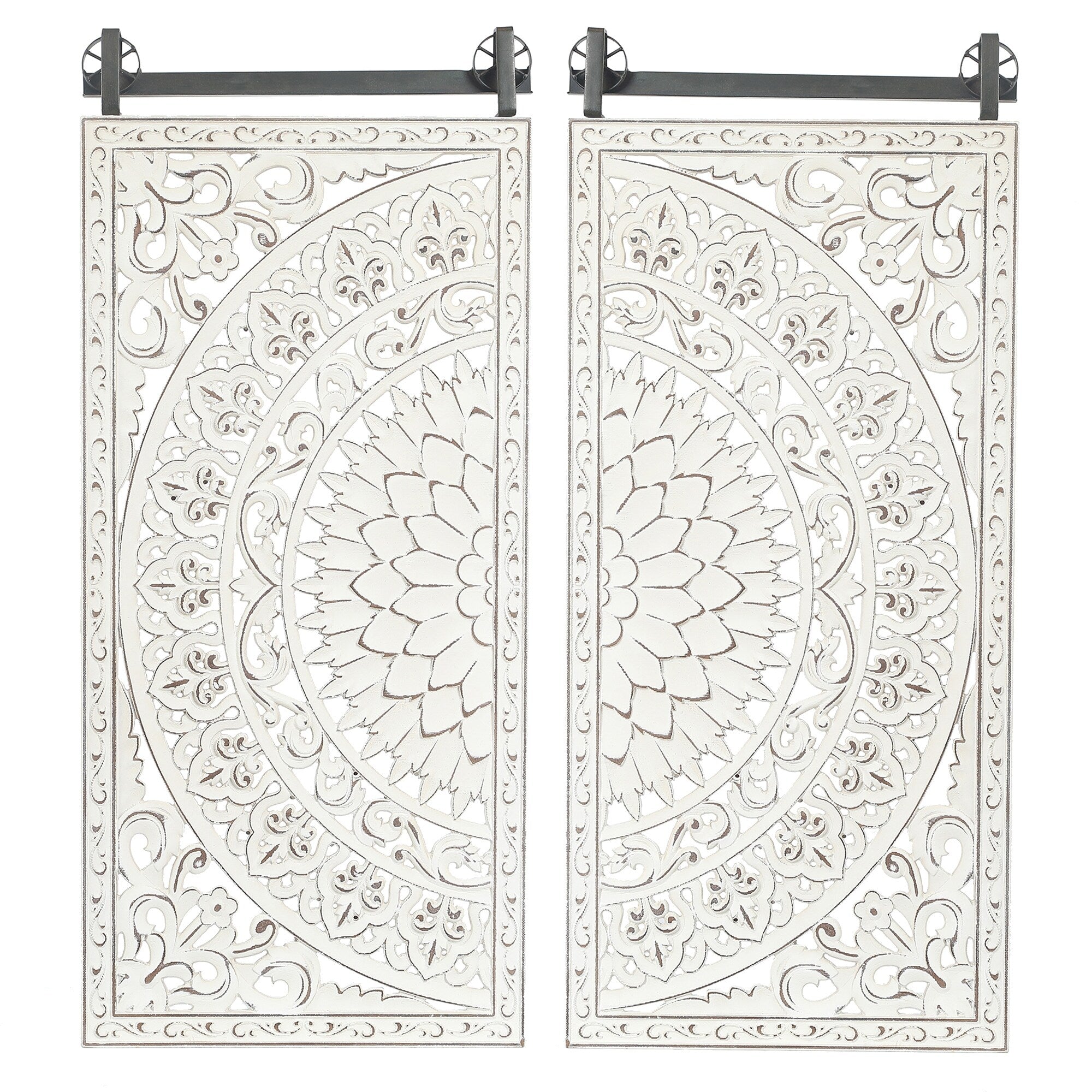 Decorazione murale in legno bianco avorio anticato con fiori e dettagli neri (set da 2)