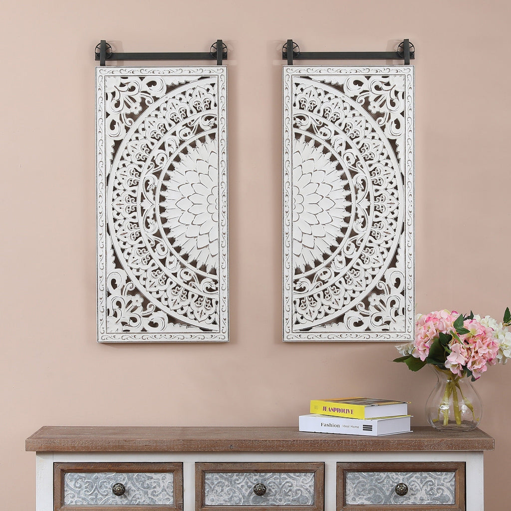 Decorazione murale in legno bianco avorio anticato con fiori e dettagli neri (set da 2)