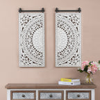 Decorazione murale in legno bianco avorio anticato con fiori e dettagli neri (set da 2)