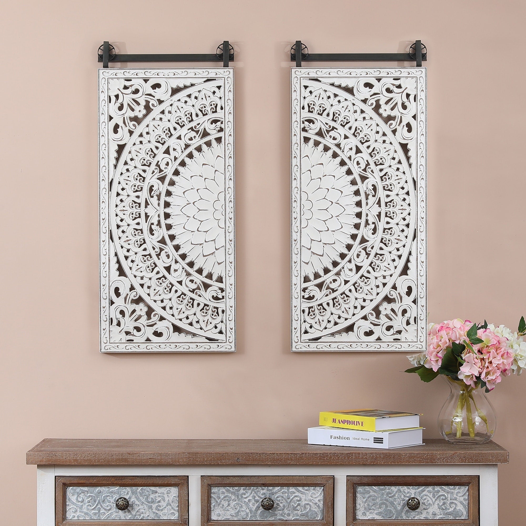 Decorazione murale in legno bianco avorio anticato con fiori e dettagli neri (set da 2)