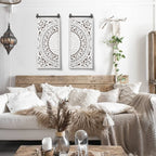 Decorazione murale in legno bianco avorio anticato con fiori e dettagli neri (set da 2)