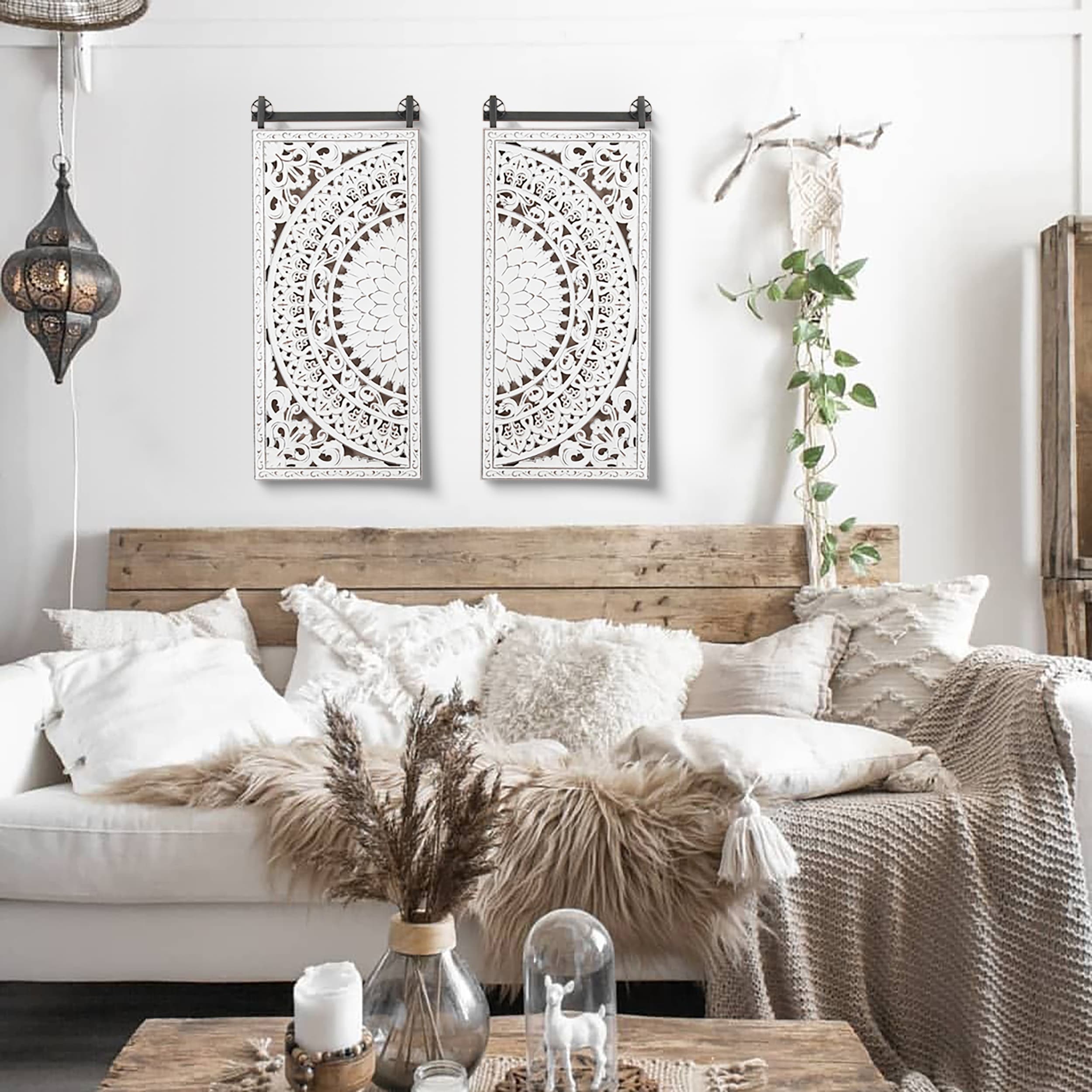 Decorazione murale in legno bianco avorio anticato con fiori e dettagli neri (set da 2)
