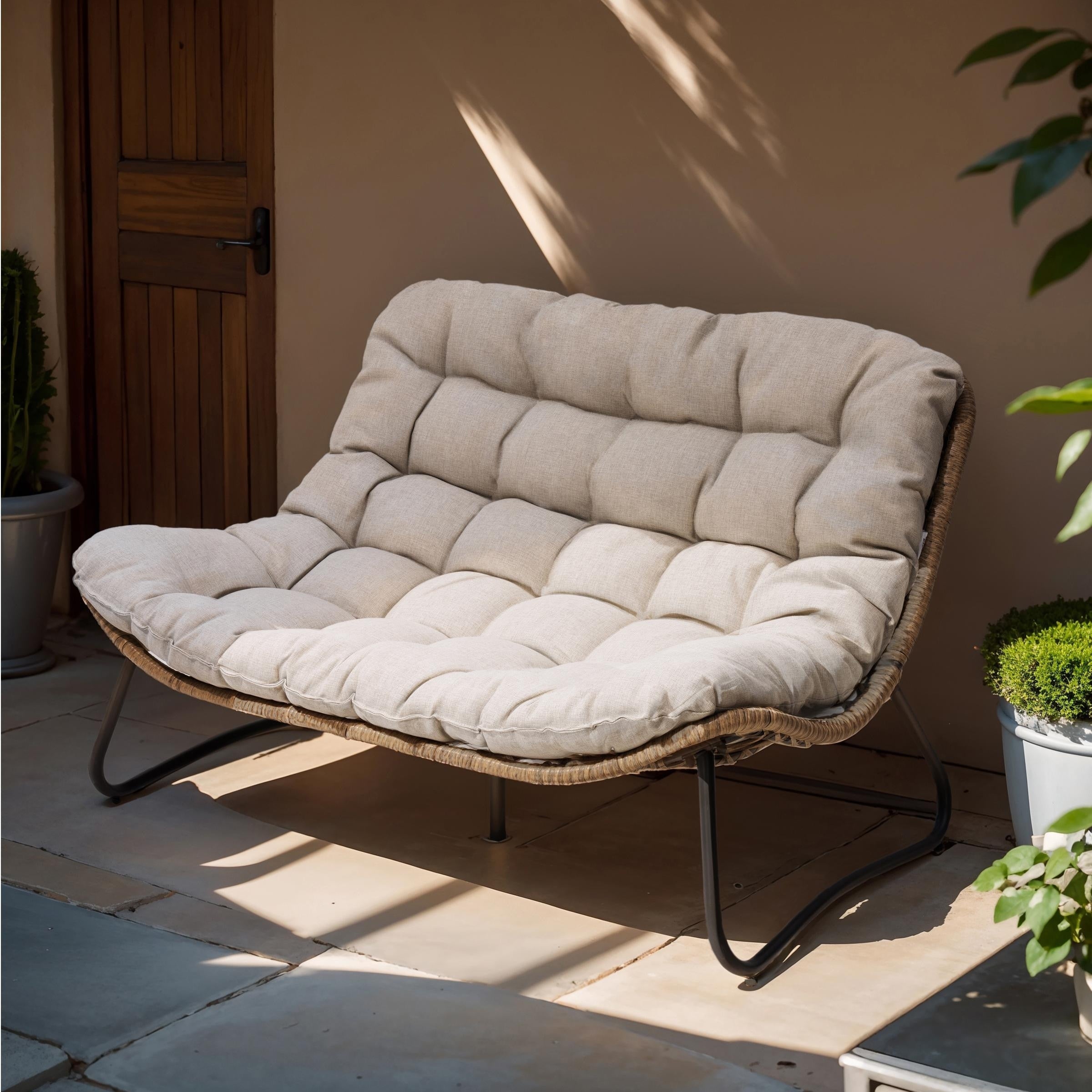 Divano a due posti Papasan con cuscino, in rattan PE resistente alle intemperie e struttura in metallo per interni ed esterni