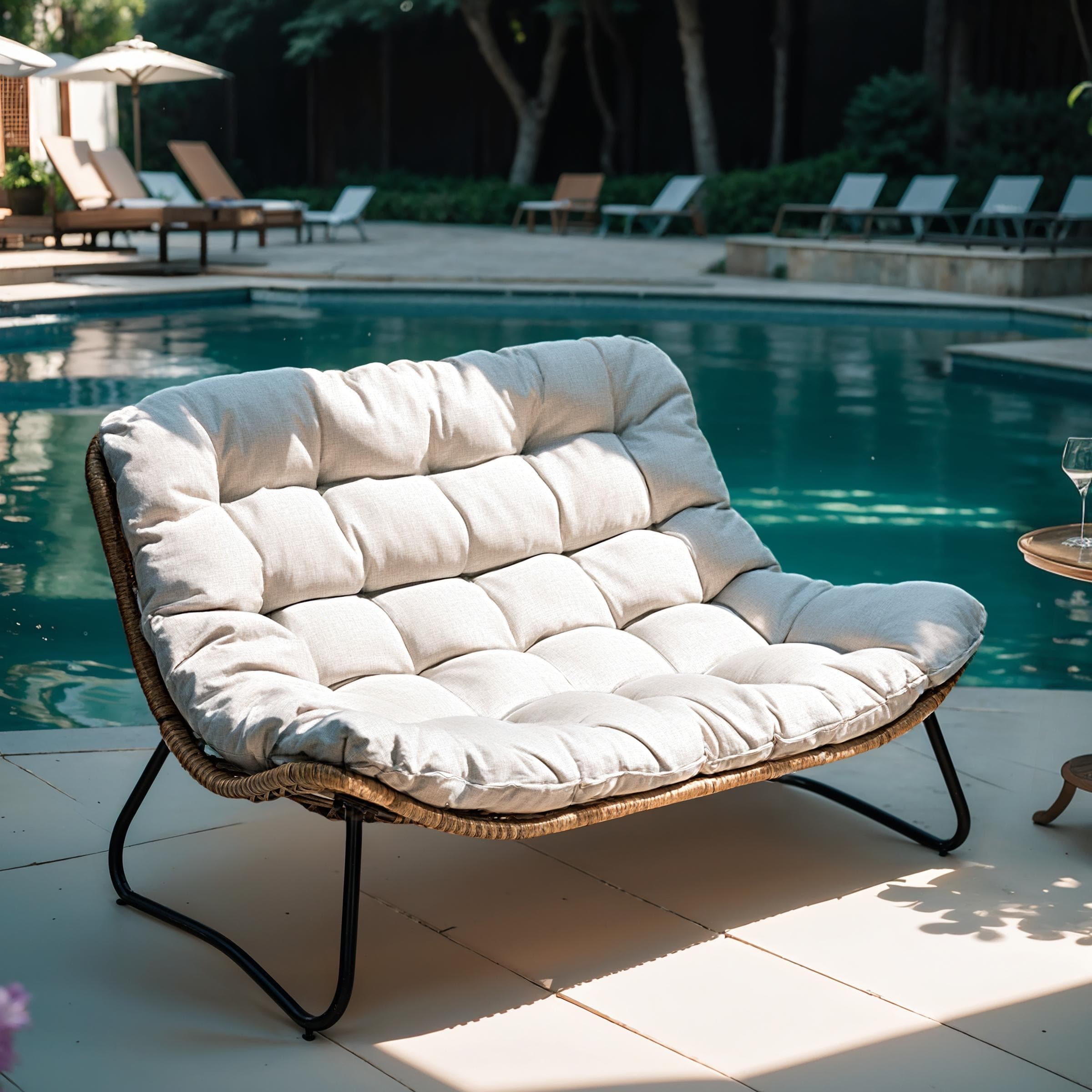 Divano a due posti Papasan con cuscino, in rattan PE resistente alle intemperie e struttura in metallo per interni ed esterni