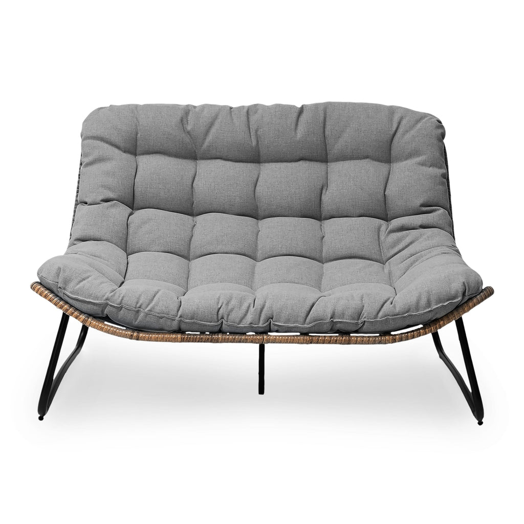 Divano a due posti Papasan con cuscino, in rattan PE resistente alle intemperie e struttura in metallo per interni ed esterni