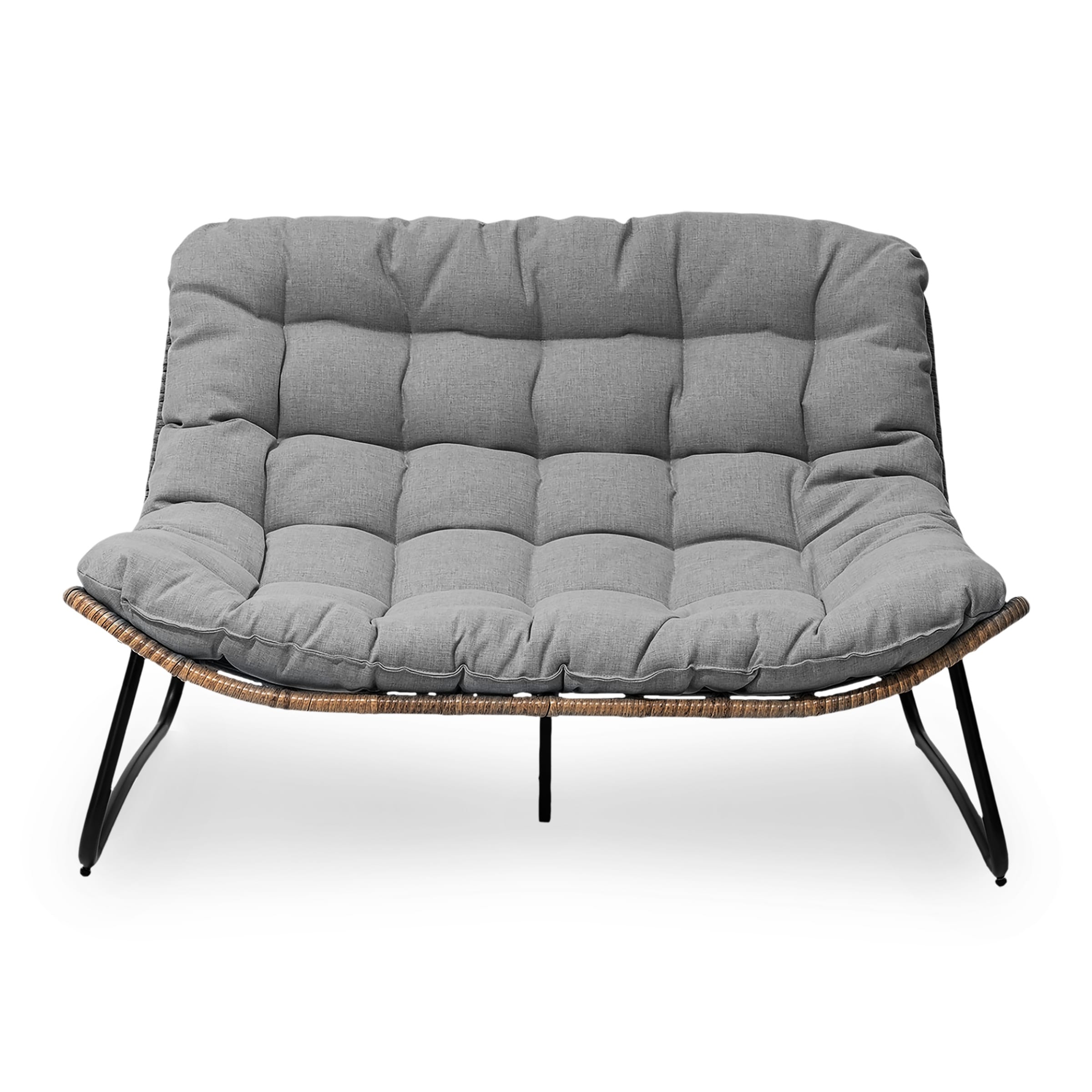 Divano a due posti Papasan con cuscino, in rattan PE resistente alle intemperie e struttura in metallo per interni ed esterni