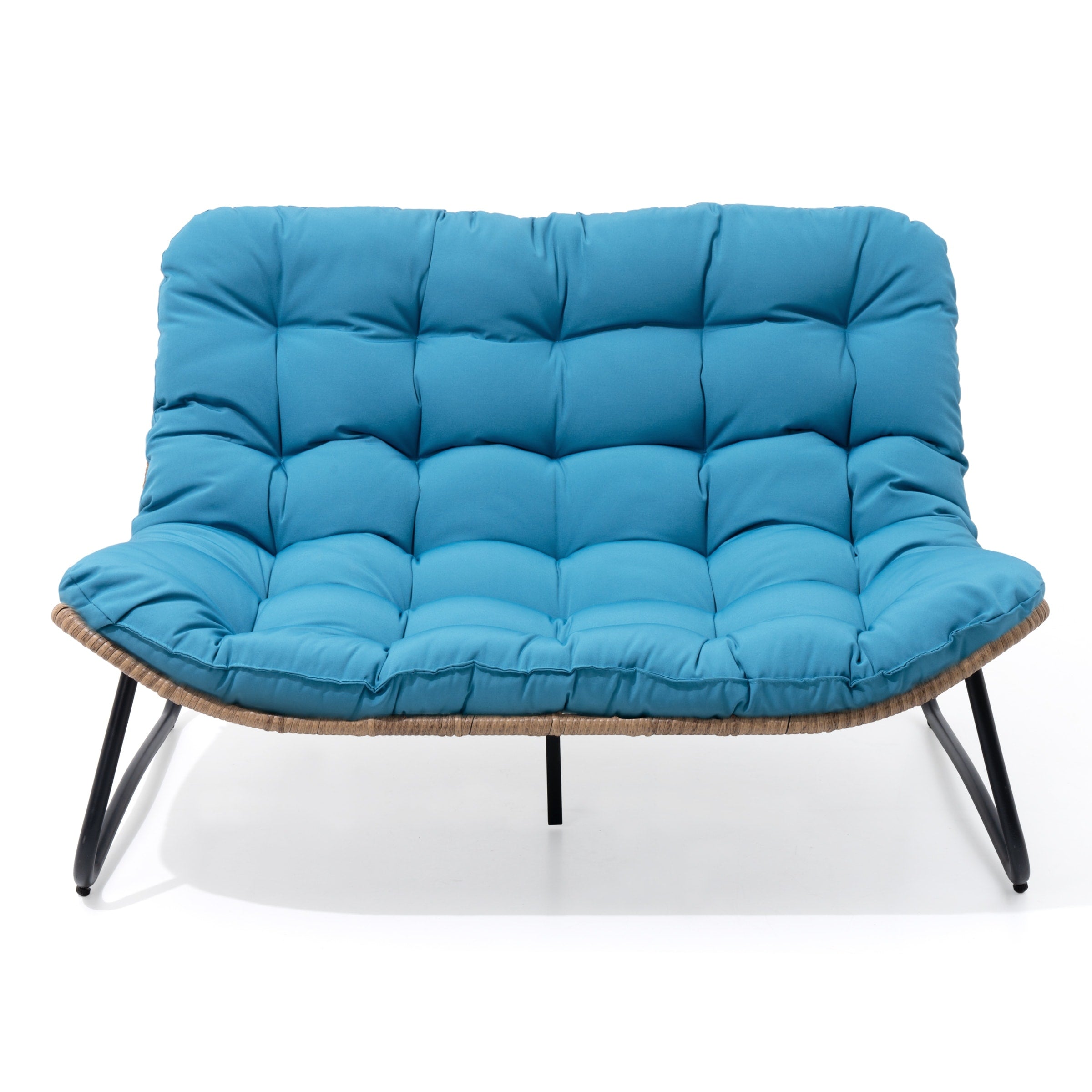 Divano a due posti Papasan con cuscino, in rattan PE resistente alle intemperie e struttura in metallo per interni ed esterni