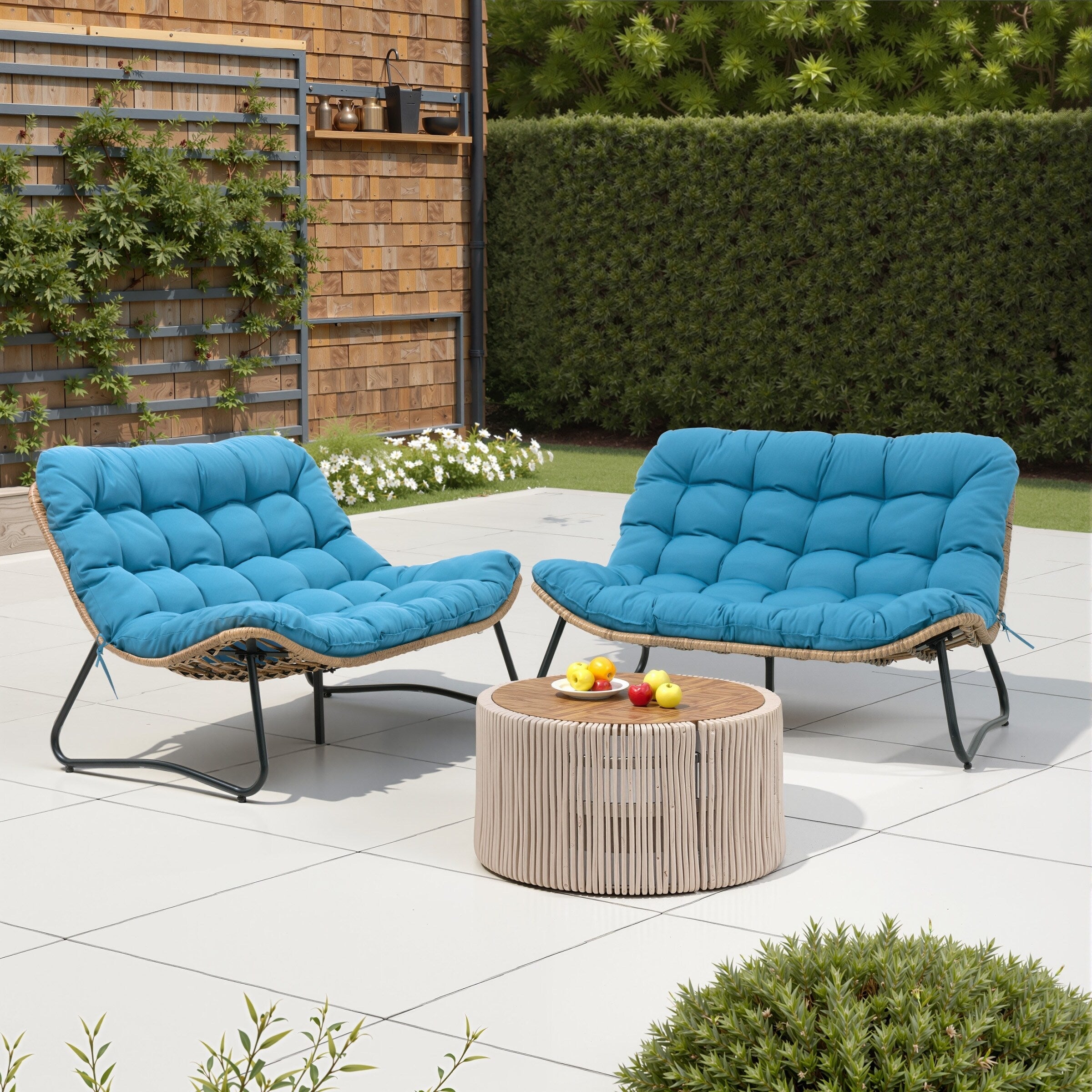Divano a due posti Papasan con cuscino, in rattan PE resistente alle intemperie e struttura in metallo per interni ed esterni