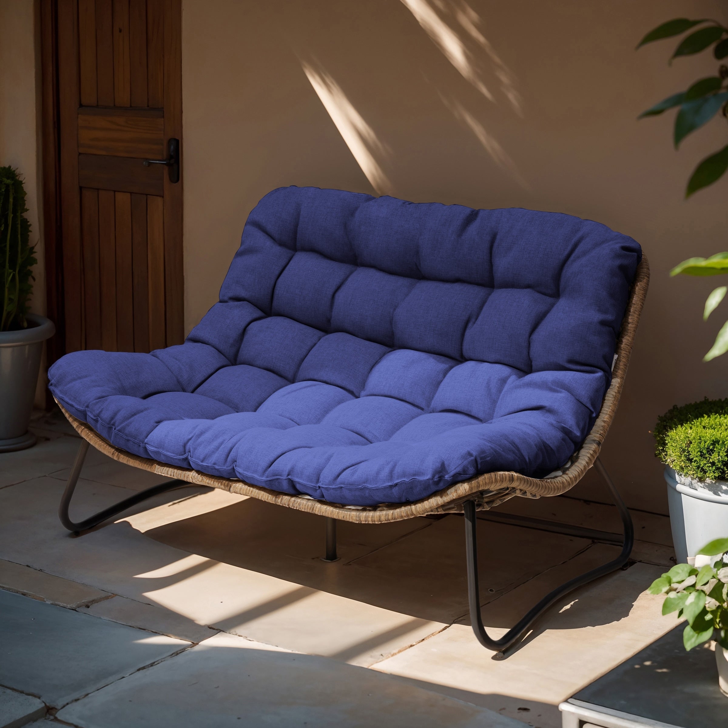 Divano a due posti Papasan con cuscino, in rattan PE resistente alle intemperie e struttura in metallo per interni ed esterni