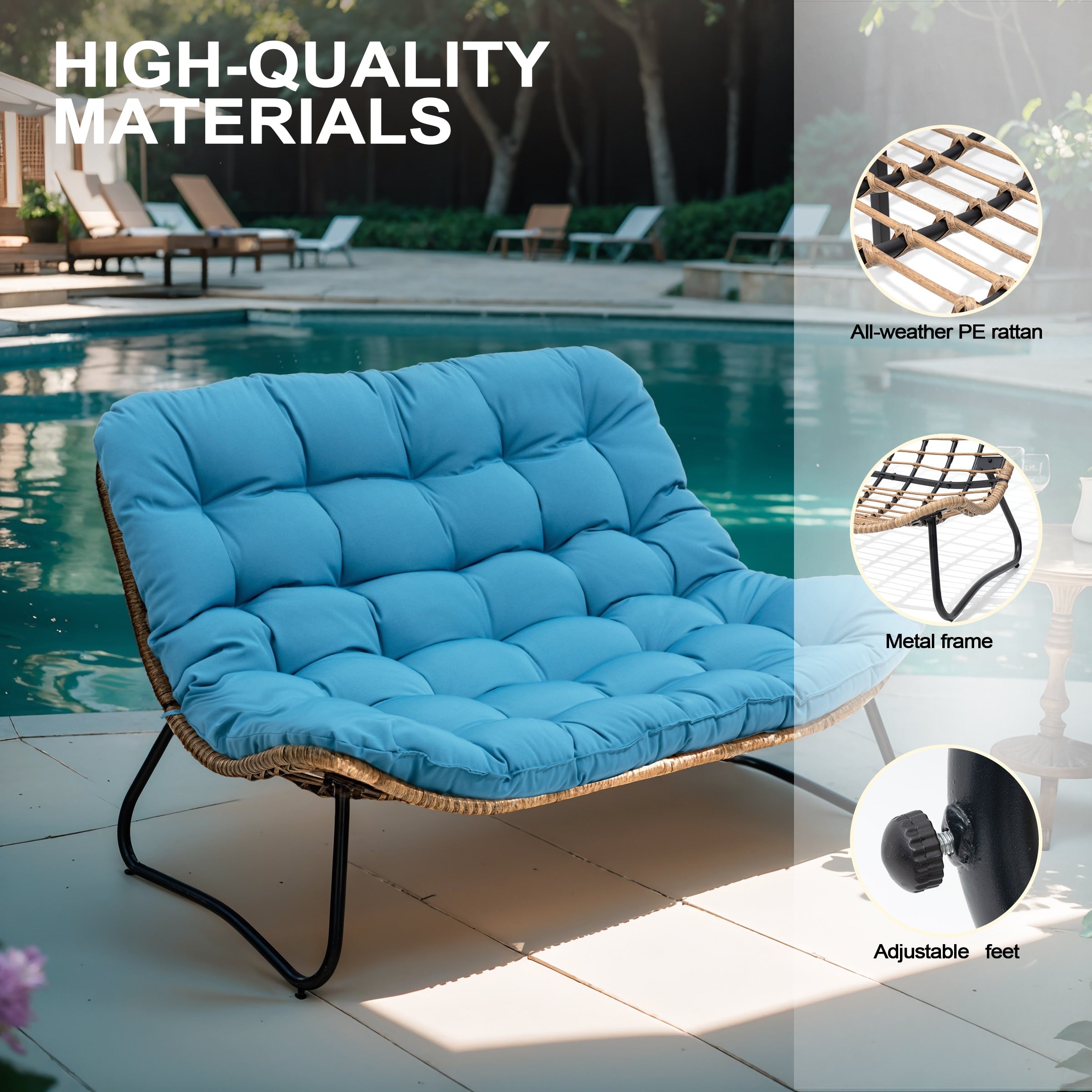 Divano a due posti Papasan con cuscino, in rattan PE resistente alle intemperie e struttura in metallo per interni ed esterni