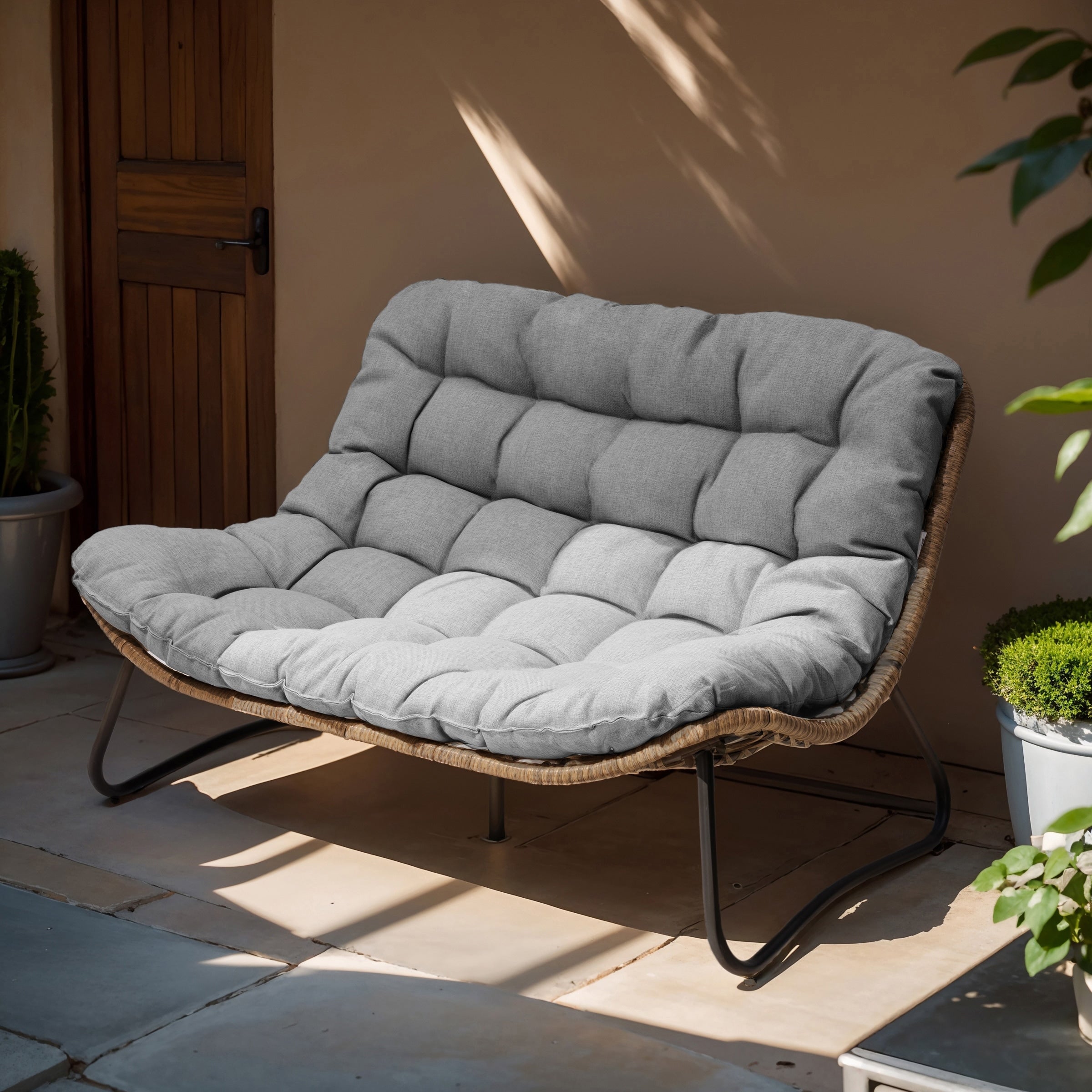 Divano a due posti Papasan con cuscino, in rattan PE resistente alle intemperie e struttura in metallo per interni ed esterni