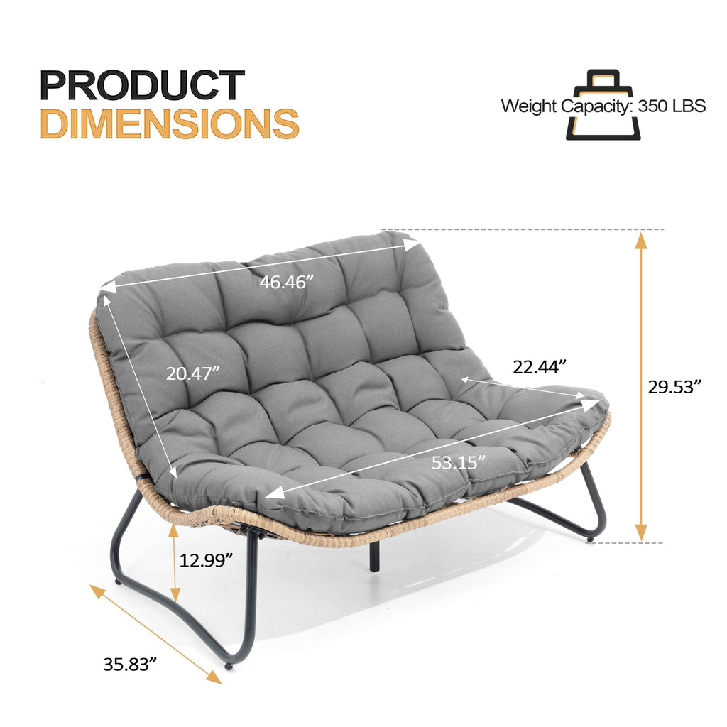 Divano a due posti Papasan con cuscino, in rattan PE resistente alle intemperie e struttura in metallo per interni ed esterni
