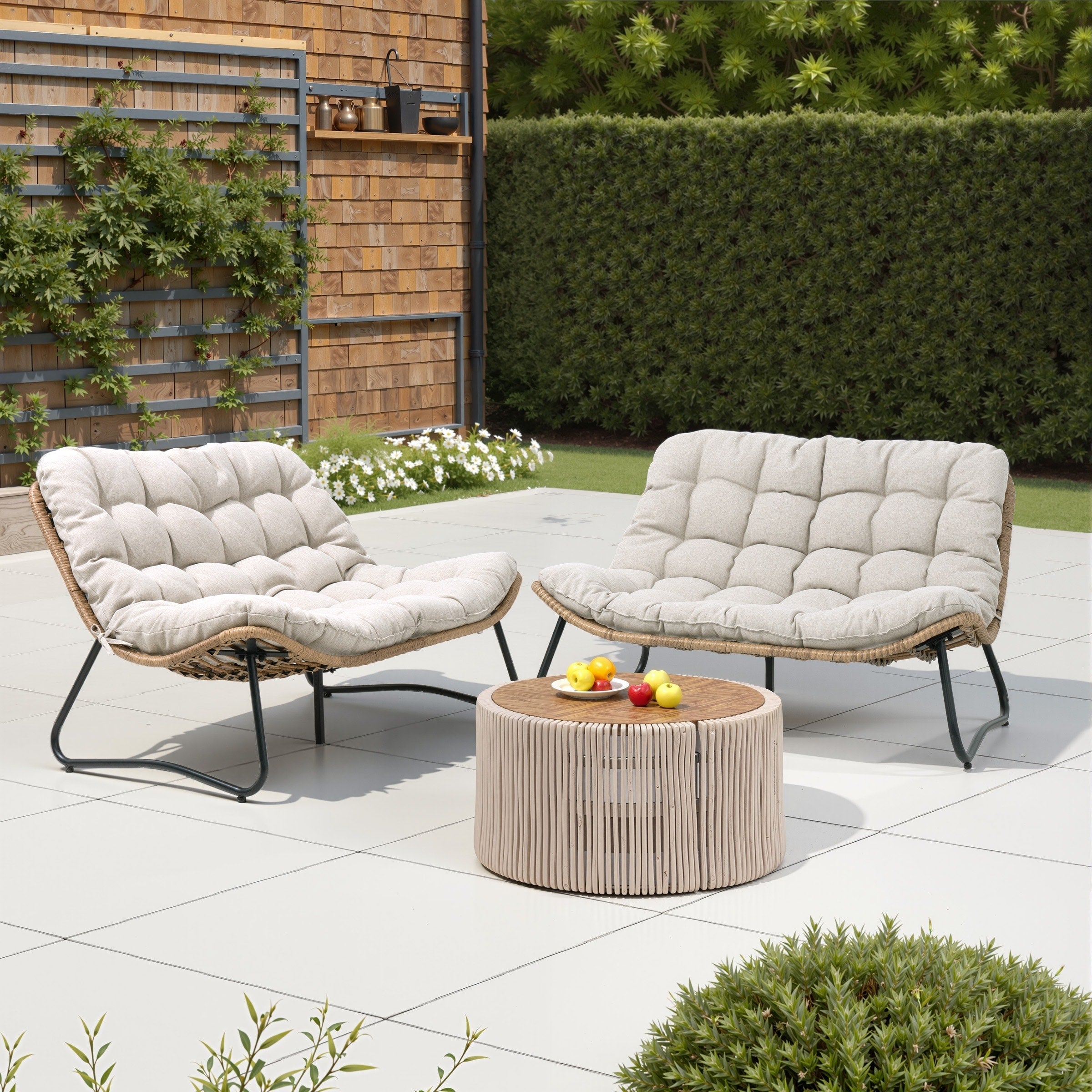 Divano a due posti Papasan con cuscino, in rattan PE resistente alle intemperie e struttura in metallo per interni ed esterni