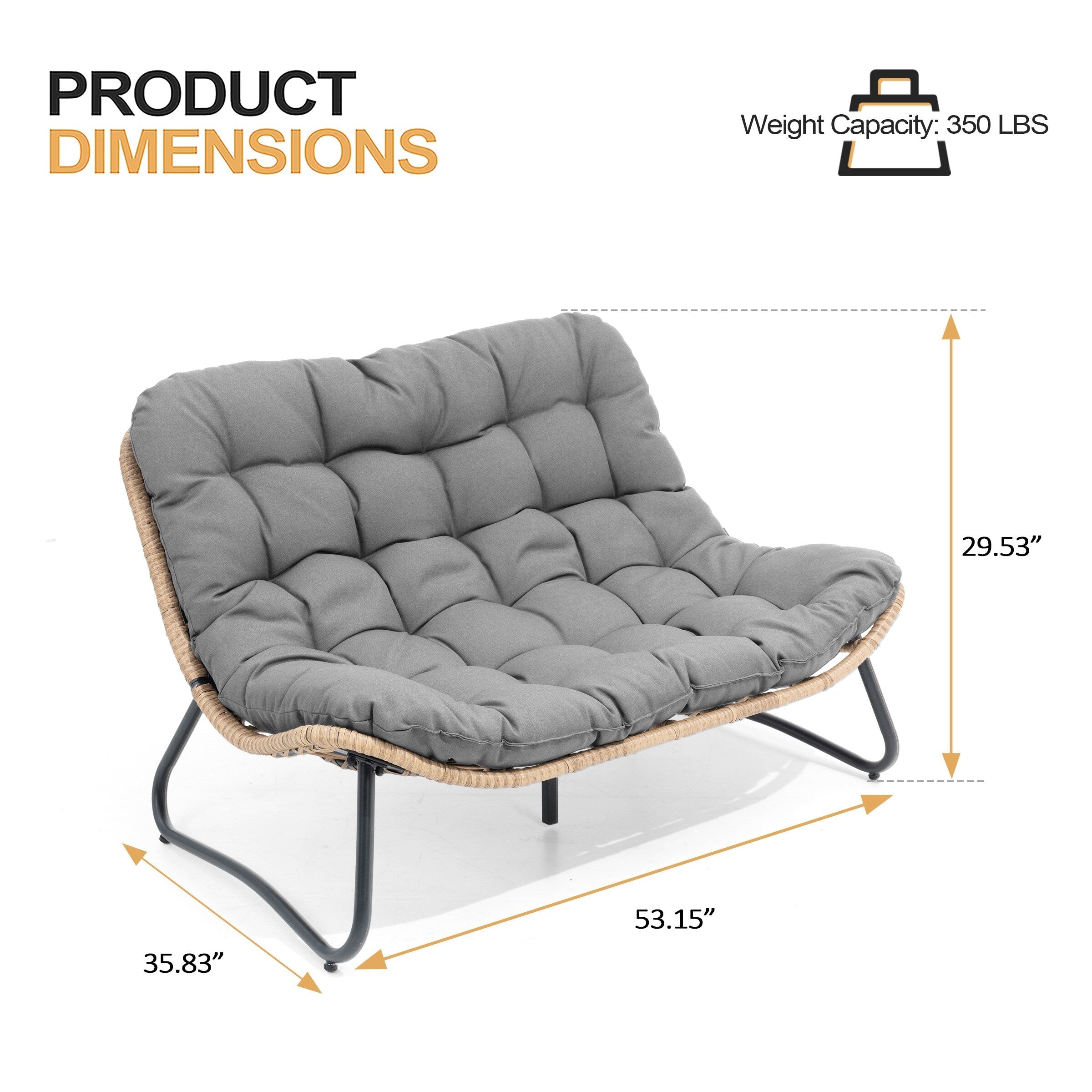 Divano a due posti Papasan con cuscino, in rattan PE resistente alle intemperie e struttura in metallo per interni ed esterni
