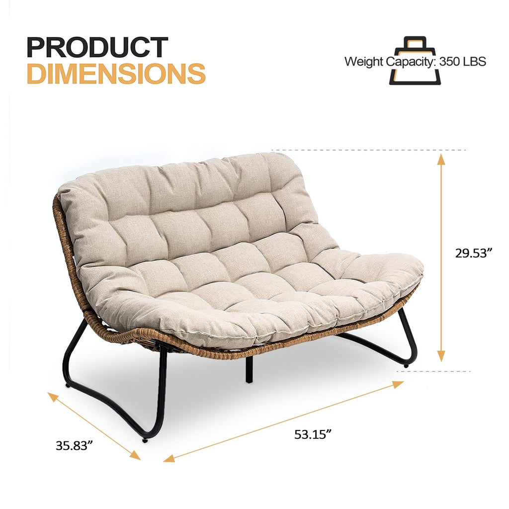 Divano a due posti Papasan con cuscino, in rattan PE resistente alle intemperie e struttura in metallo per interni ed esterni