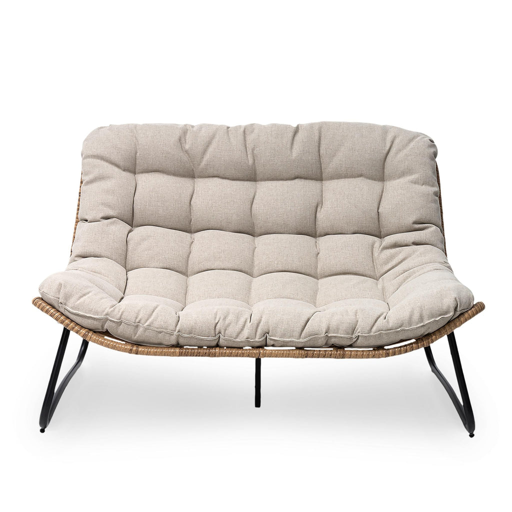 Divano a due posti Papasan con cuscino, in rattan PE resistente alle intemperie e struttura in metallo per interni ed esterni