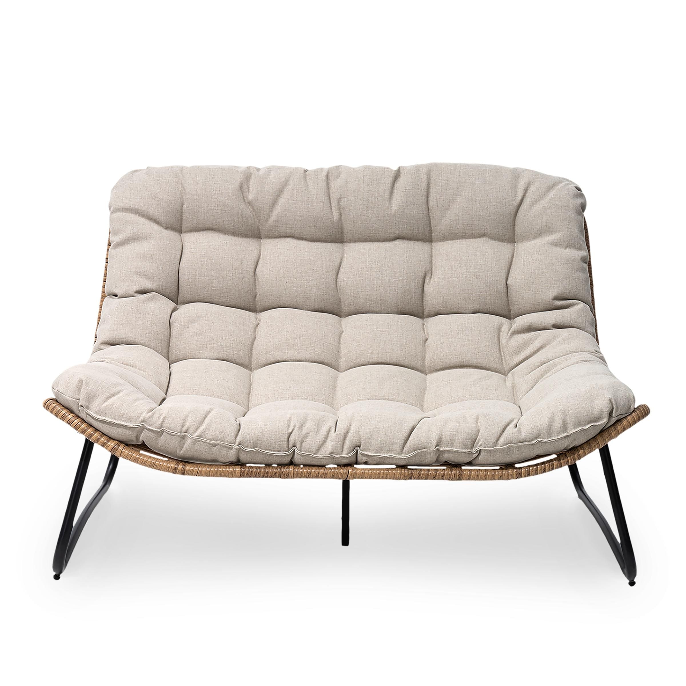Divano a due posti Papasan con cuscino, in rattan PE resistente alle intemperie e struttura in metallo per interni ed esterni
