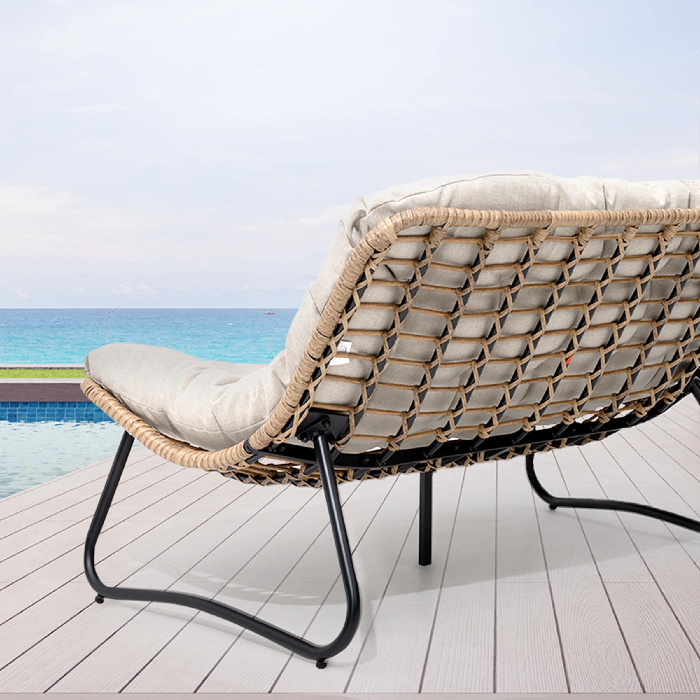 Divano a due posti Papasan con cuscino, in rattan PE resistente alle intemperie e struttura in metallo per interni ed esterni