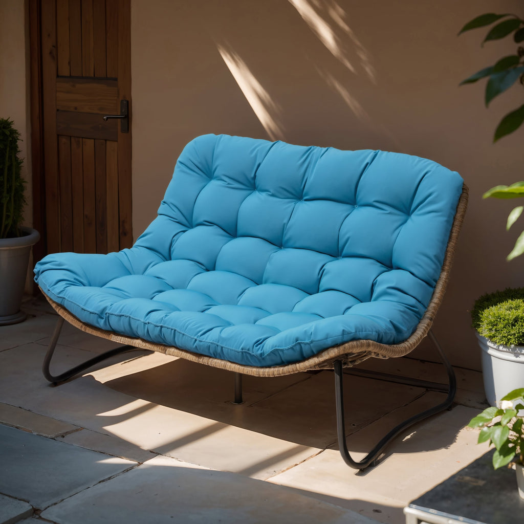 Divano a due posti Papasan con cuscino, in rattan PE resistente alle intemperie e struttura in metallo per interni ed esterni