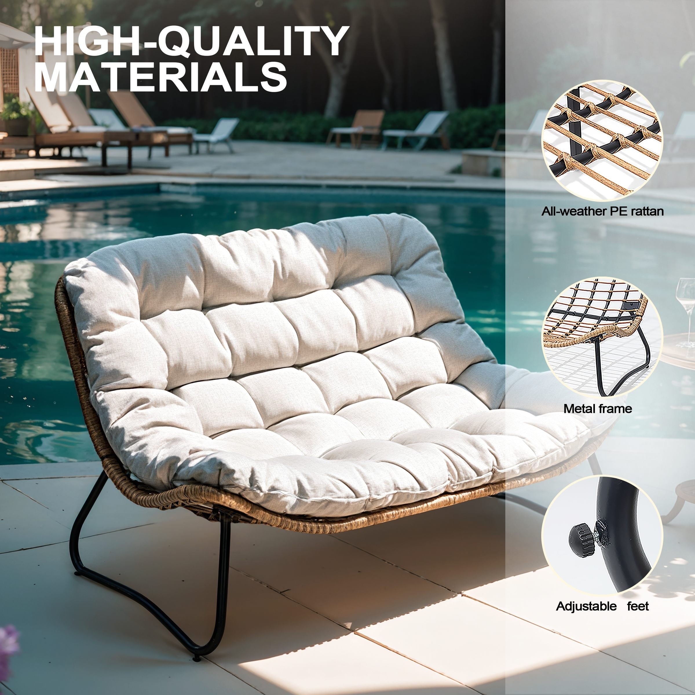 Divano a due posti Papasan con cuscino, in rattan PE resistente alle intemperie e struttura in metallo per interni ed esterni